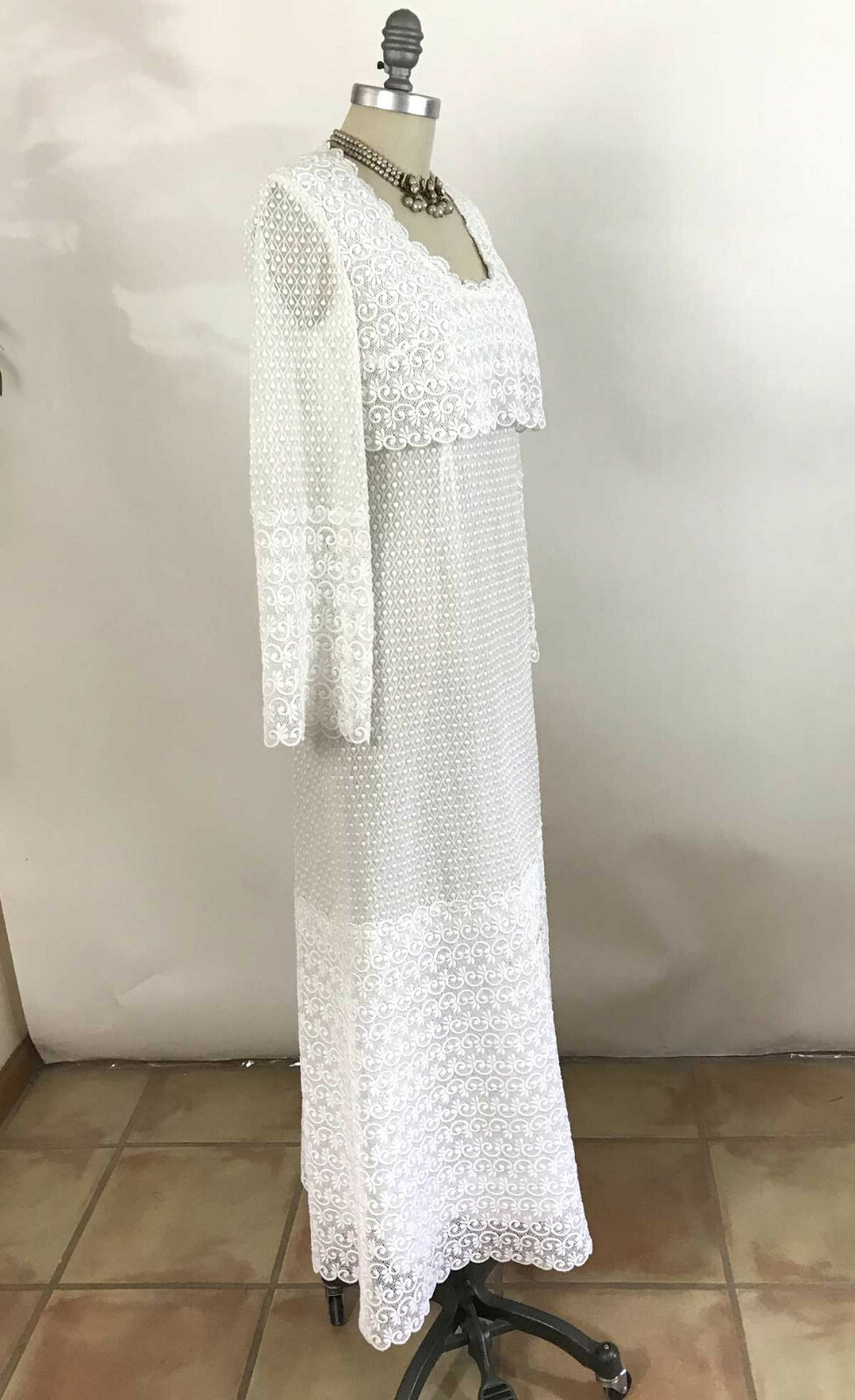 Vtg 70s CALDERON White Lace Wedding Dress Sheer Bell Sleeve Romantic Boho sz 6