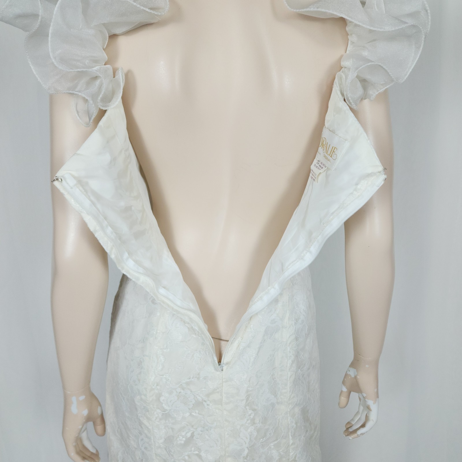 Vtg 80s puff ruffle shoulder lace mini dress S keyhole beaded