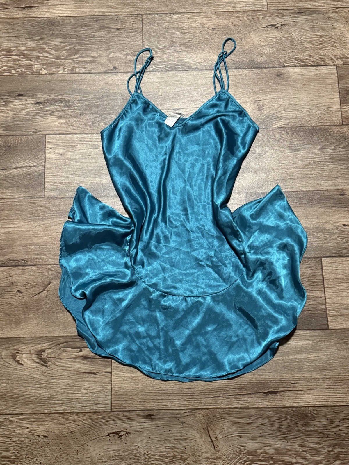 Vintage Cinema Etoile 80s Teal Satin Ruffle Babydoll Slip Lingerie Dress Medium