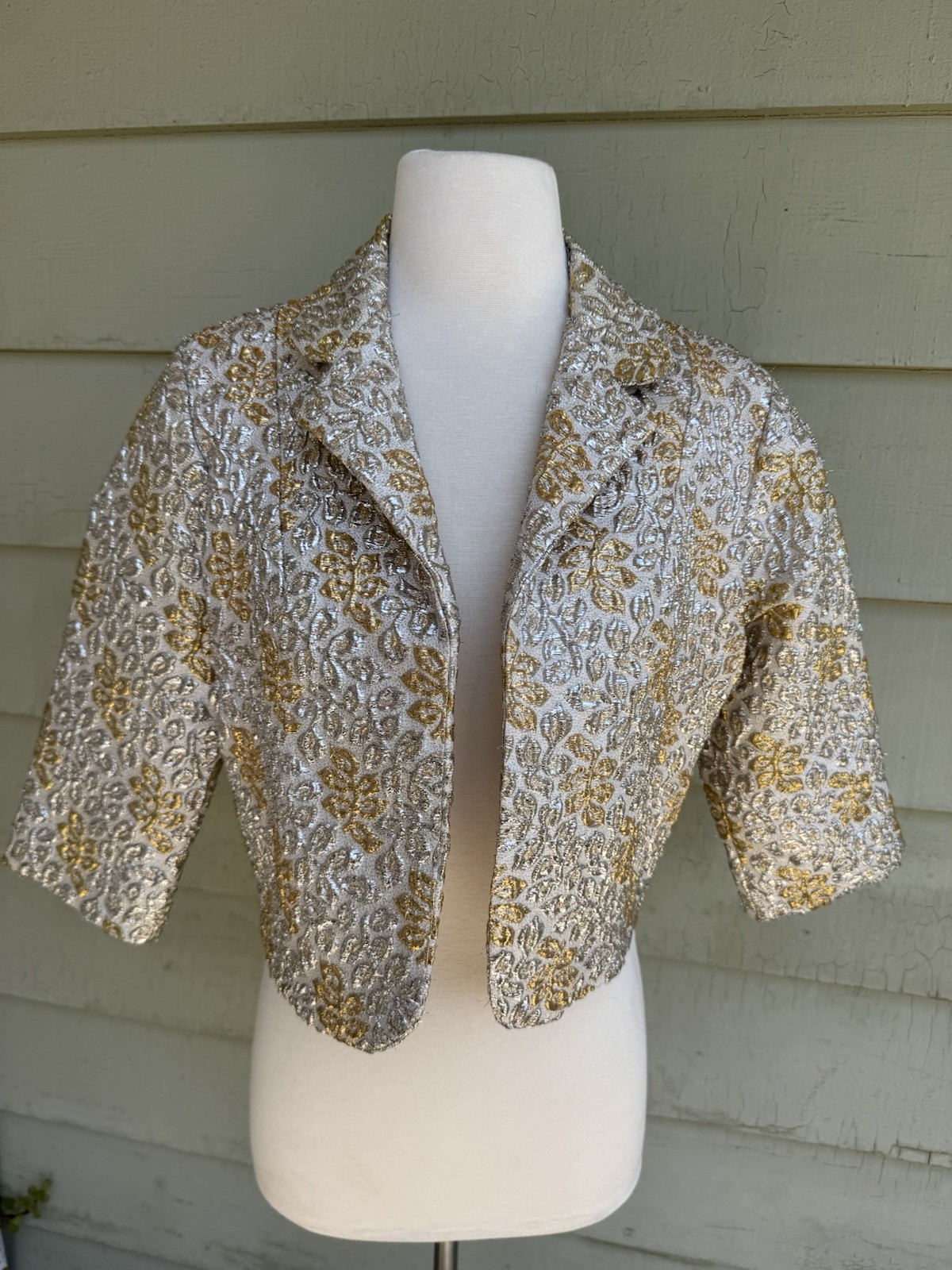 Vintage 60s Gold Silver Lamé Jaquard Evening Bolero Jacket S/M Open Front