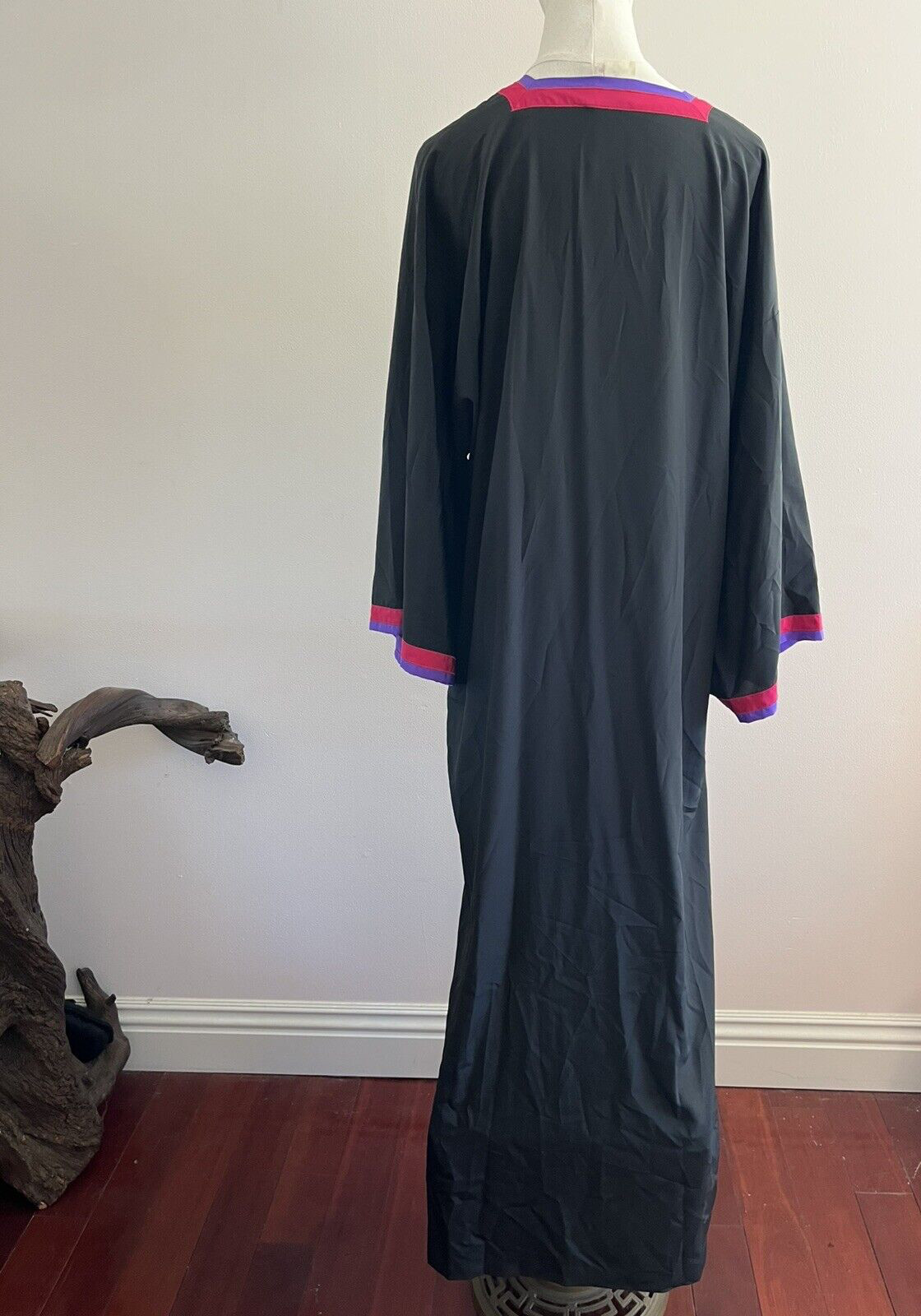 Vintage Designer Long Caftan Bill Tice Slinky Black w/ Pink Purple Beads Pockets