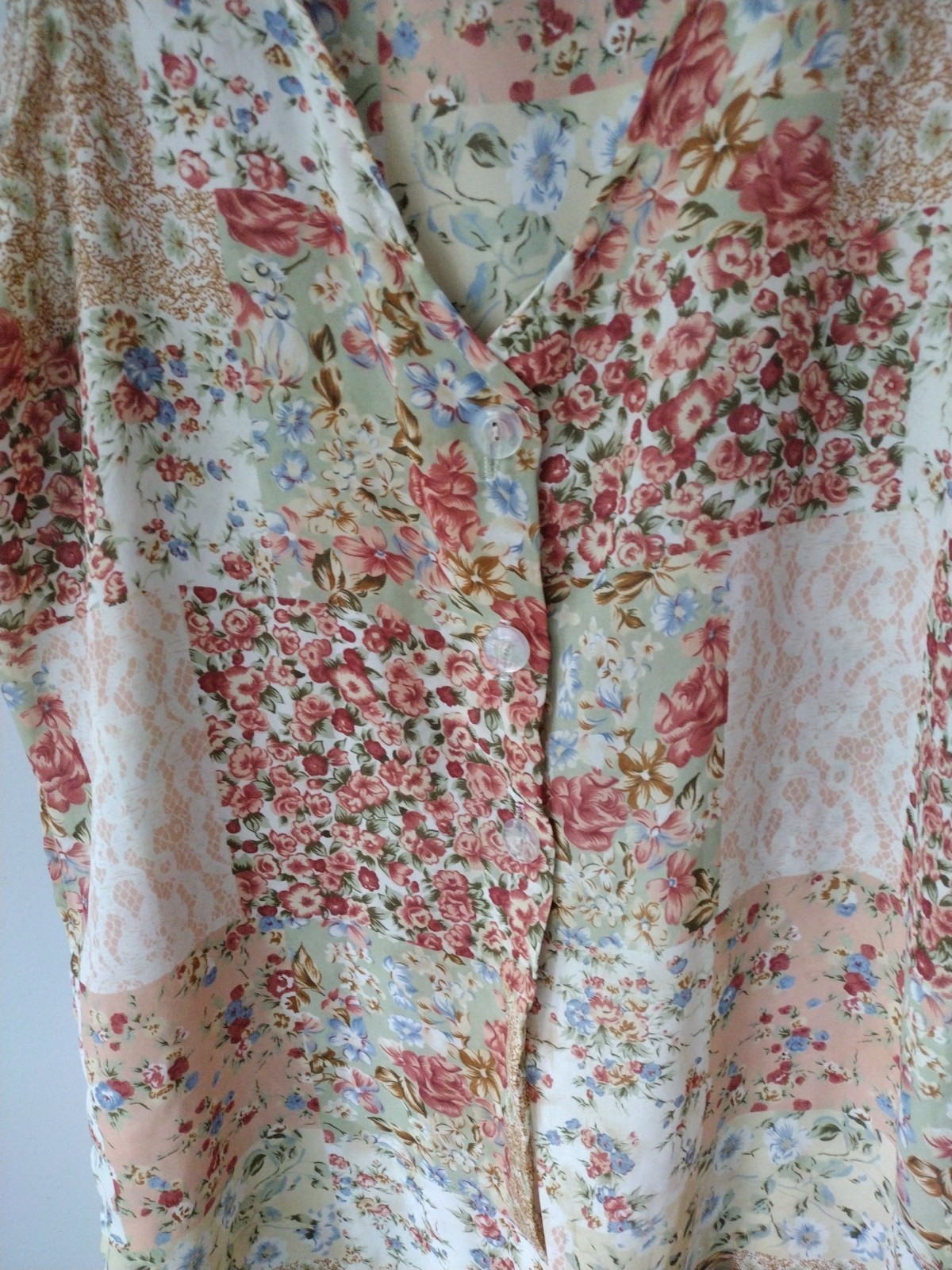 Vintage 90s Bonjour Sheer Patchwork Print Vest Blouse Side Slit Buttons See Meas