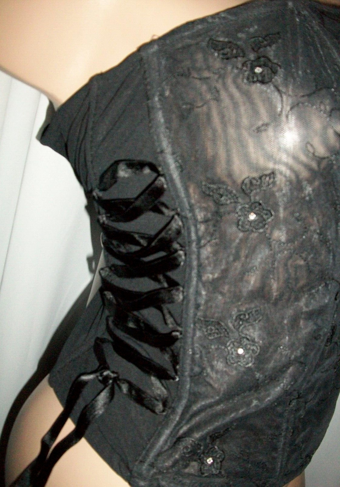 Vtg Black Satin Lace Up Organza Lady Corset 18 20 CD