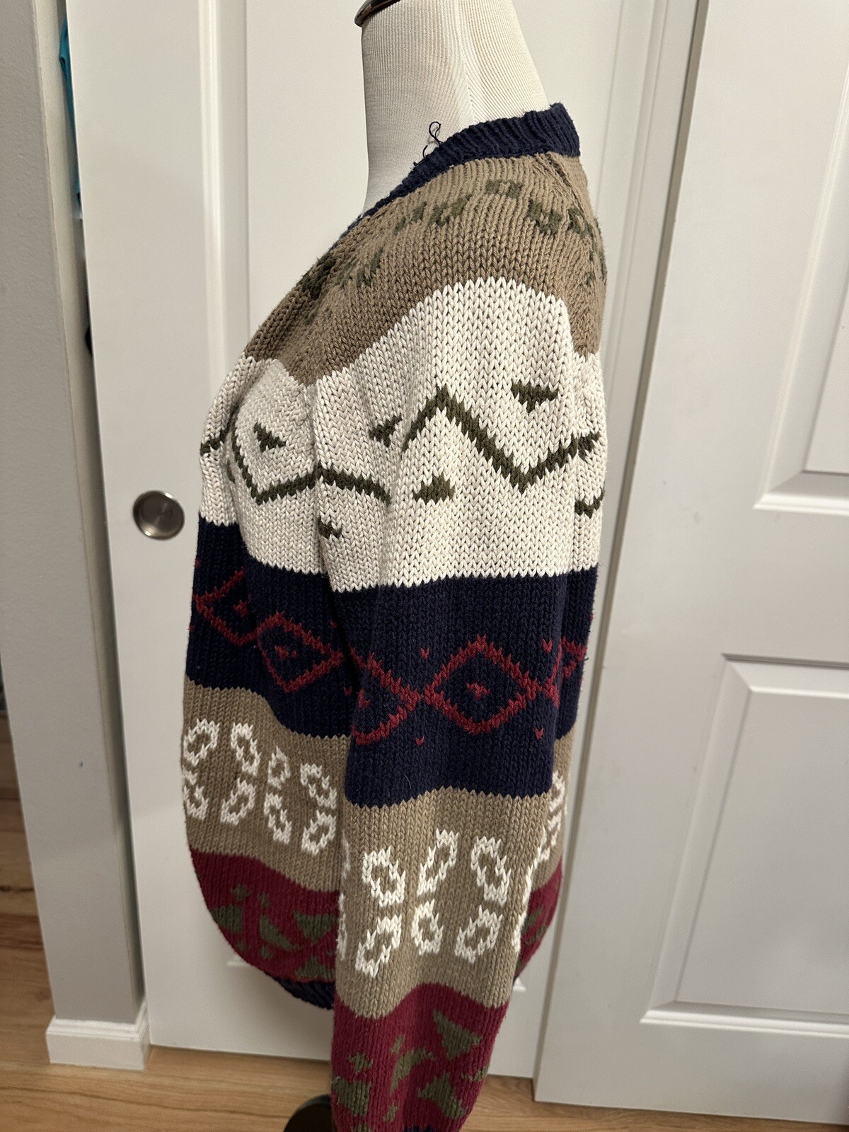 Vtg Patterned Blue Beige Red Green Cardigan Sweater 80’s Colorful Sz L Unisex