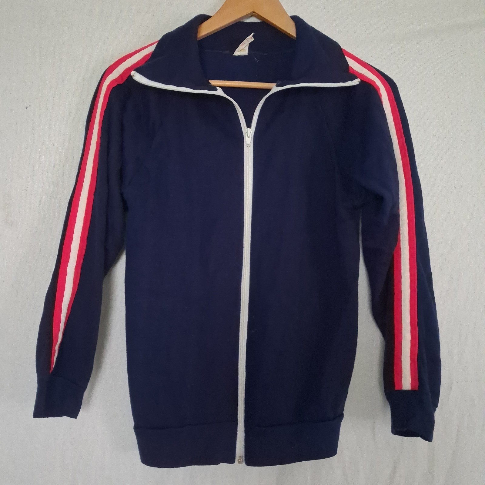 Vintage 70s 80s Track Jacket Small Navy Blue Red White Stripe Creslan Acrylic