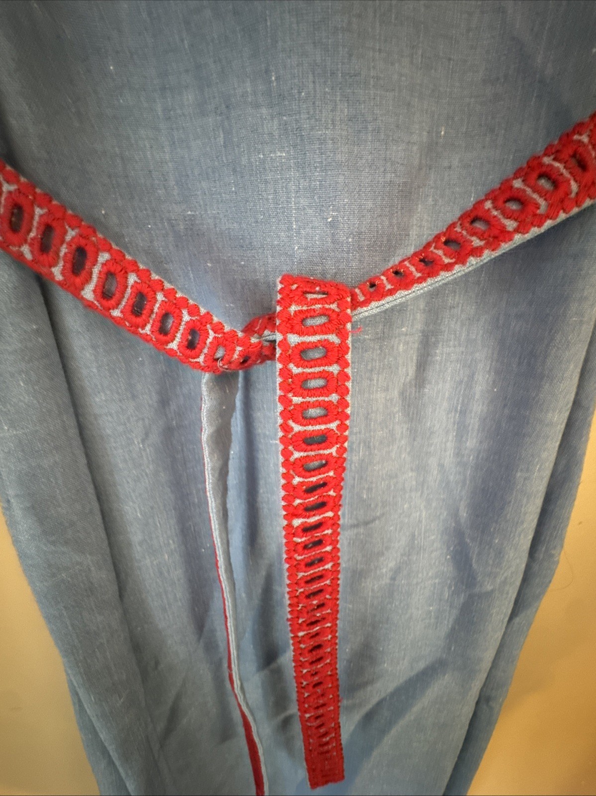 Pat Sandler for Pat’s Place Blue Chambray Dress Red Cutwork Embroidery Size 8