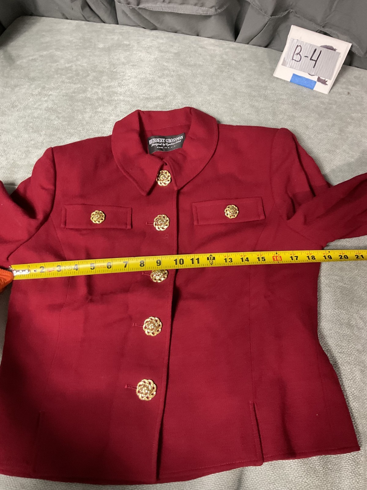 Herbert Grossman Vintage 1989s Red Skirt Suit Ornate Gold Butttons Size 8