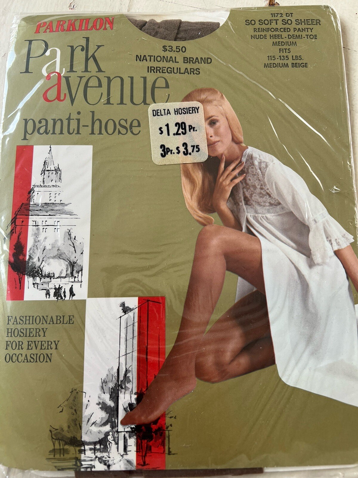 1 Pair Vintage Park Avenue Pantyhose, So soft So Sheer, Medium Beige, 115-125 Lb