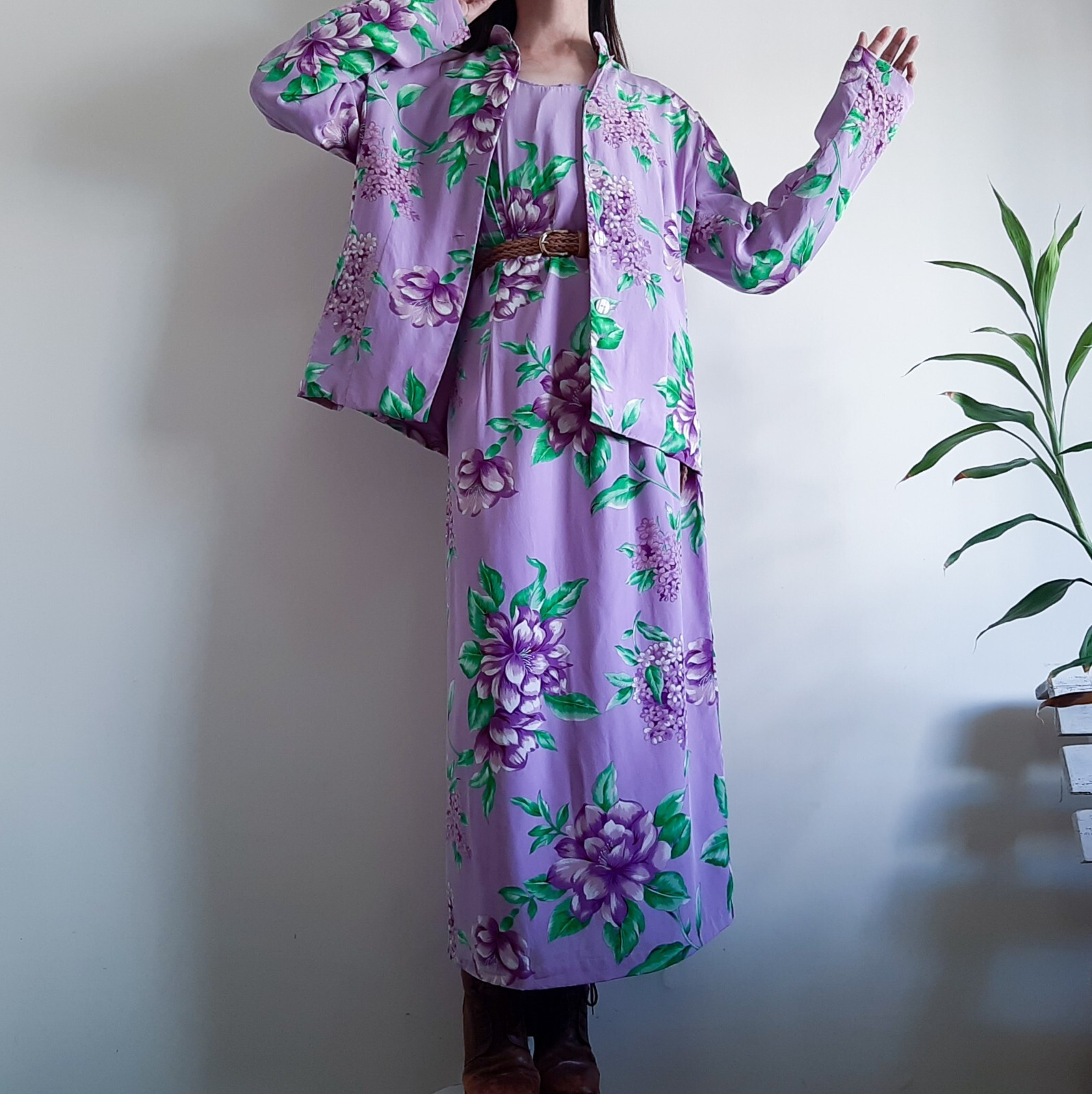 METRO STYLE Purple Floral 100% Silk Dress Jacket Set 2 Piece set Size 16 Size XL