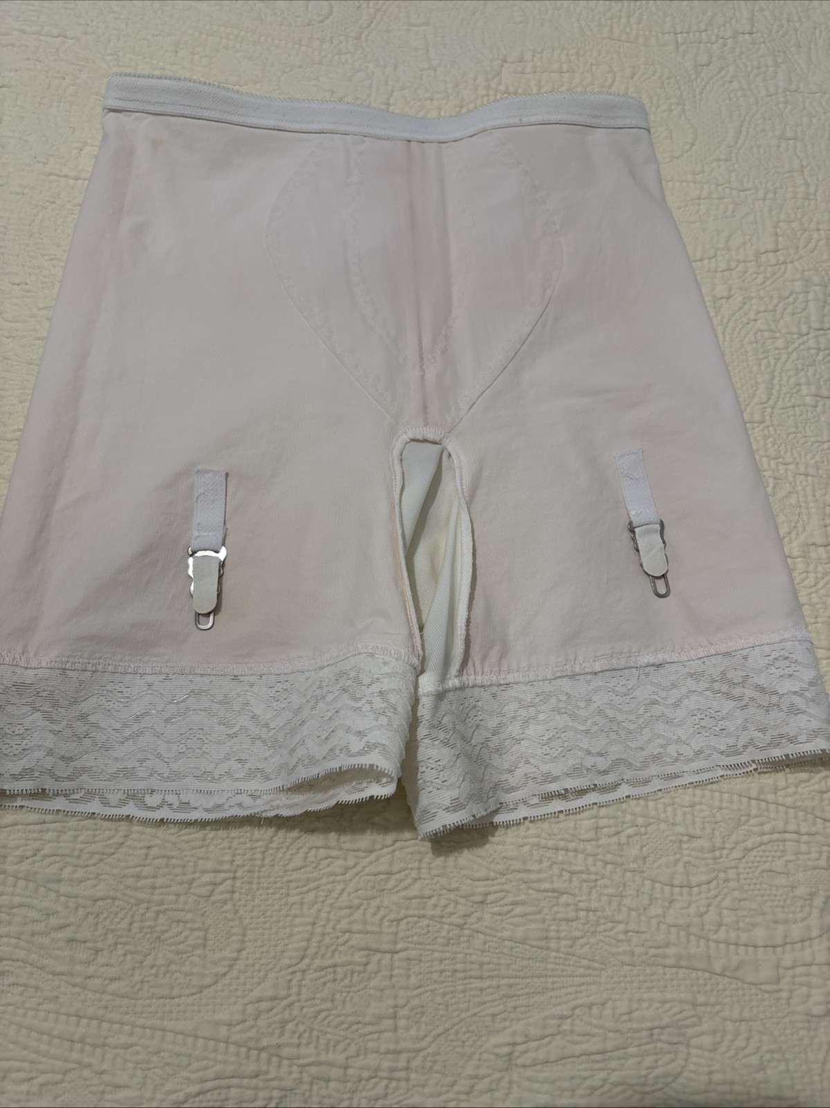 Vintage Girdle Shorts Garter Tabs Pale Pink White Lace ￼Sz S/M