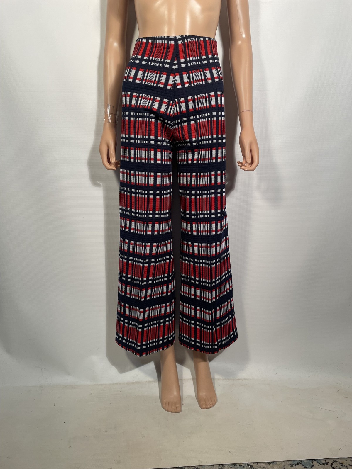 Vintage 1970s Textured Plaid Red White And Blue Flare Leg Pants Size 28×29
