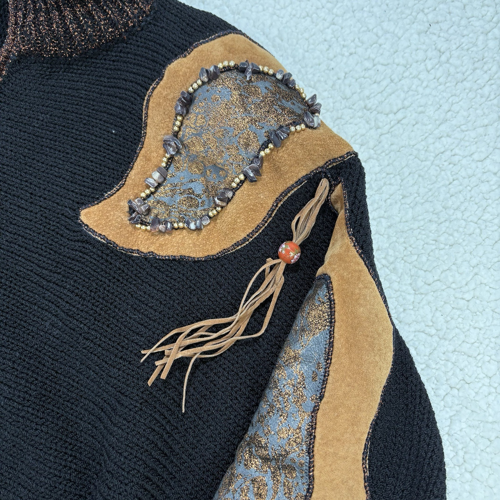 Vtg 80s Christine Knit Jacket Zip Sweater Embellished Beaded Suede Wool Tassels