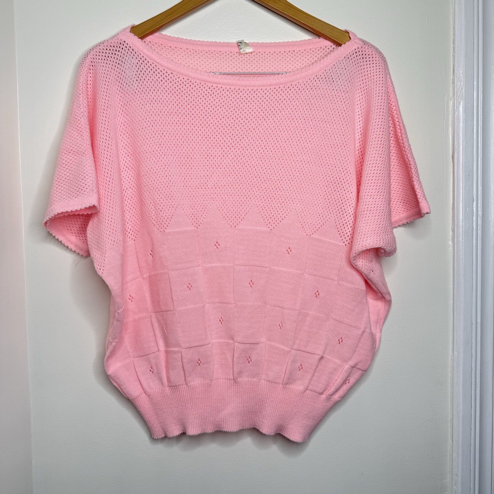 Vintage 80s Pink Lightweight Knit Sweater Women’s Size XL Pointelle Pastel