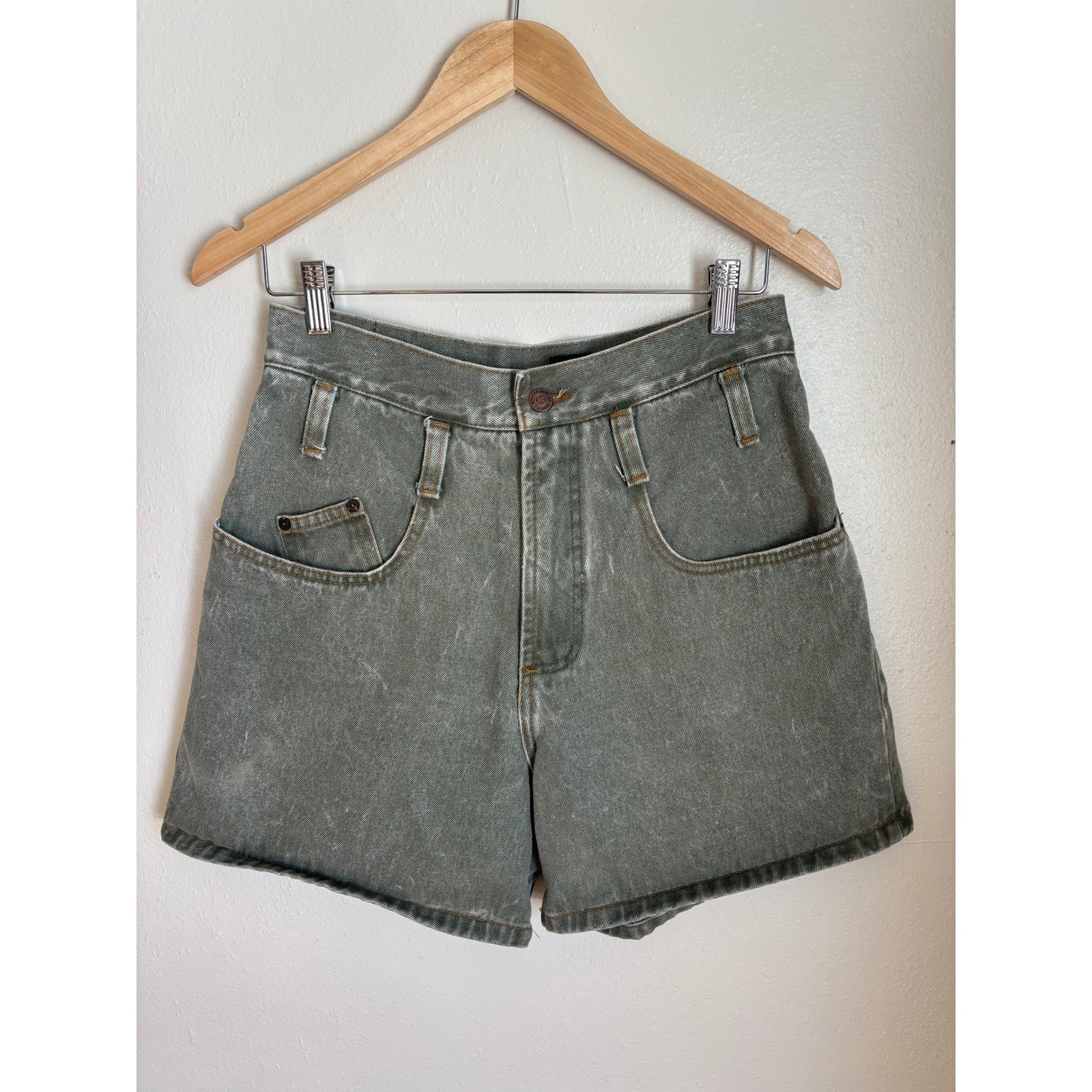 Vintage Eunina New Generation High Waisted Olive Green Denim Shorts Made in USA