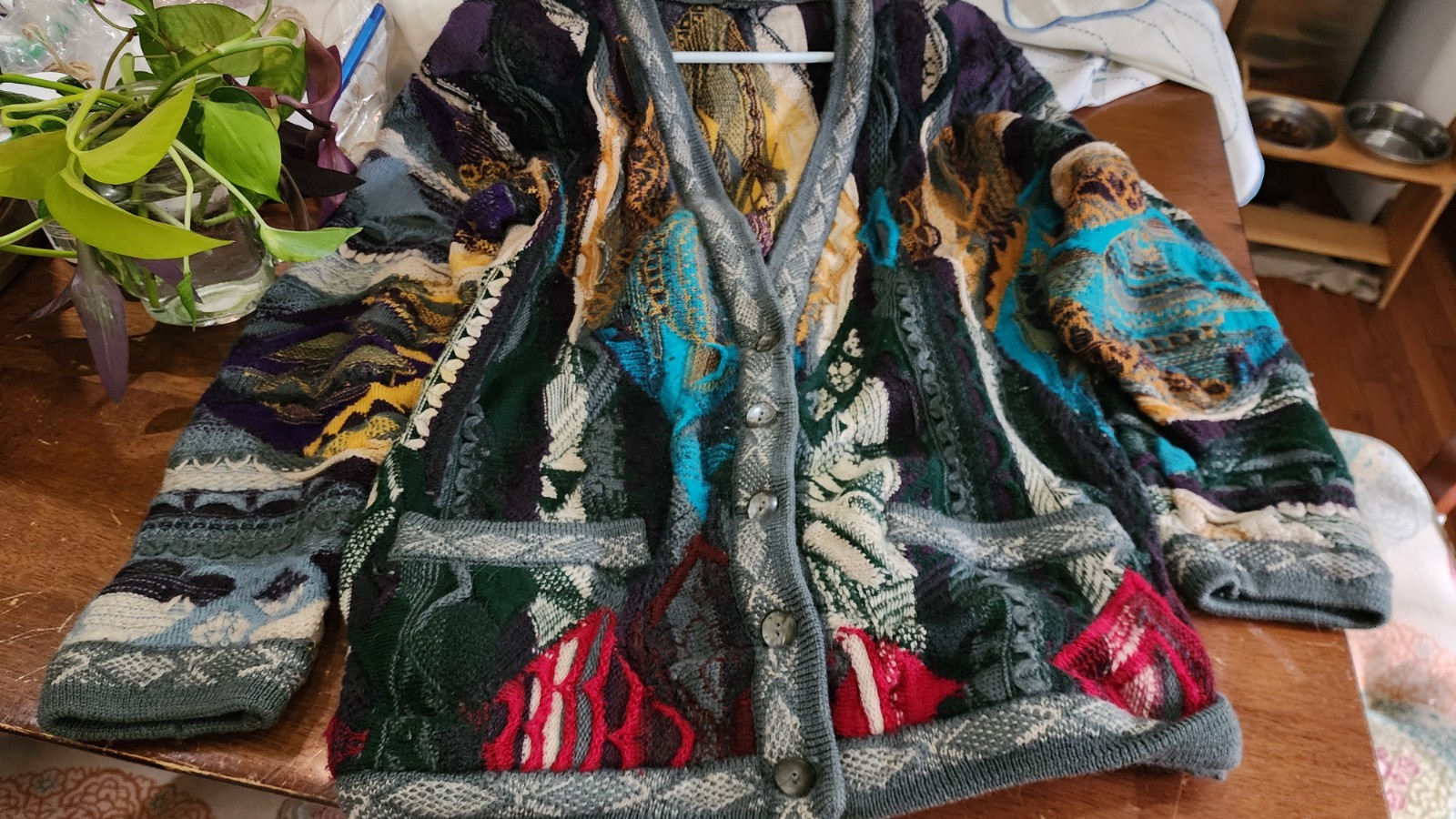 Coogi 1990s Vintage Earth Tones 3D Knit Cardigan Australia, Medium Sweater