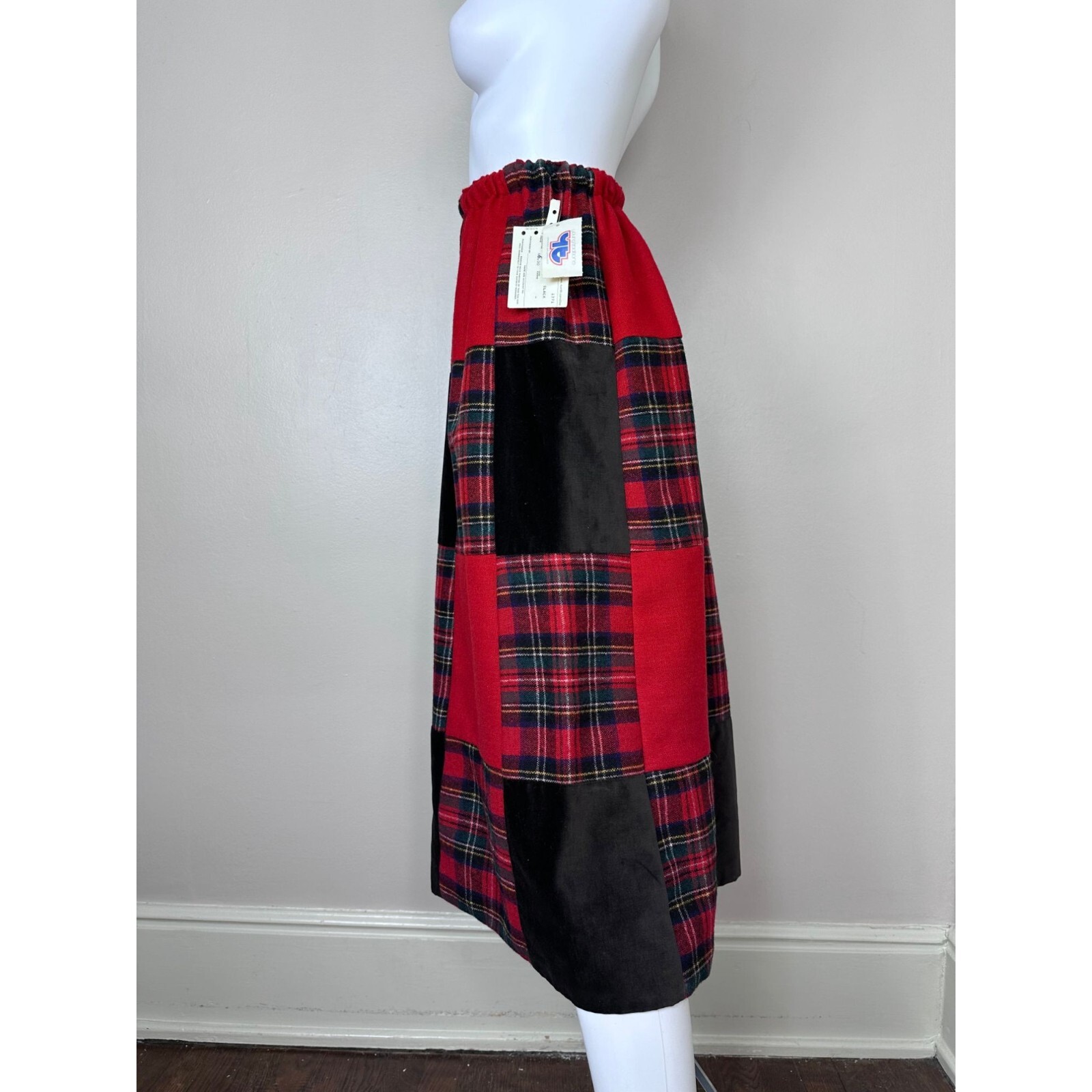 Vintage 1970s Red Plaid Patchwork Midi Skirt 70s Young Traditions Deadstock NWT