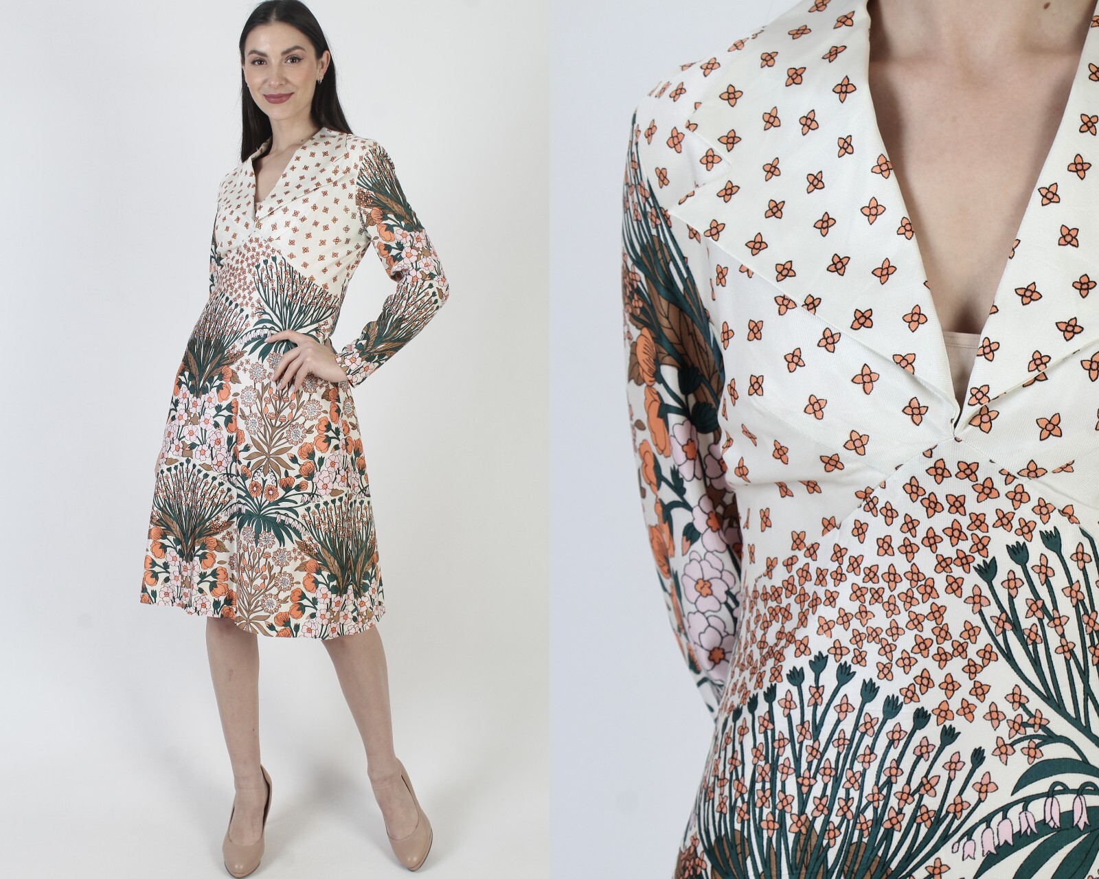 Vtg 60s Floral Print Dress Dagger Collar Nature Knee Length Cocktail Nature