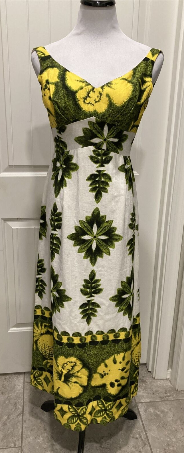 Vtg Diamond Head Sportswear Sleeveless Maxi Dress White/Green/Yellow SZ??