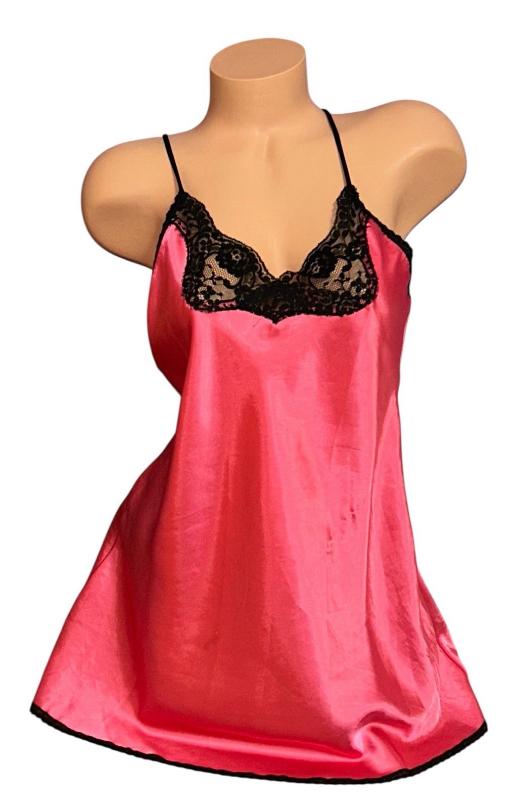 LADY CAMEO Pink Shiny Satin Black Sheer Lace Trim Nightie Nightgown S NOS
