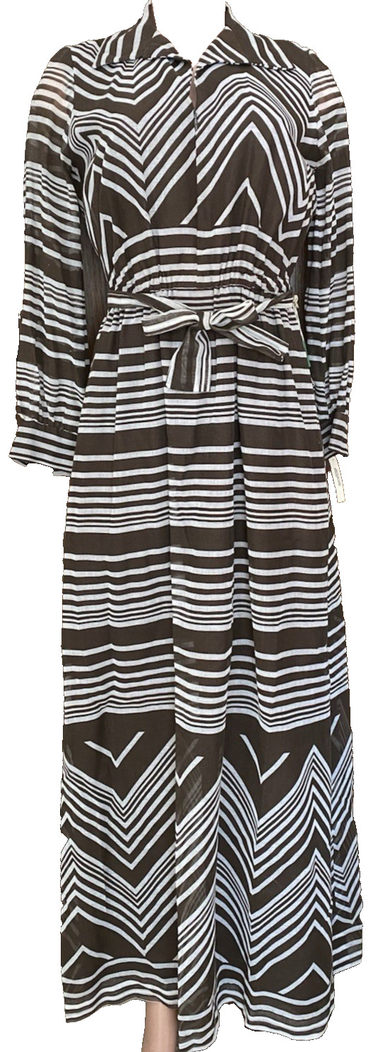 VTG 1963 Field-Schlick Women’s Striped Brown White Sheer Sleeve Maxi Dress NWT