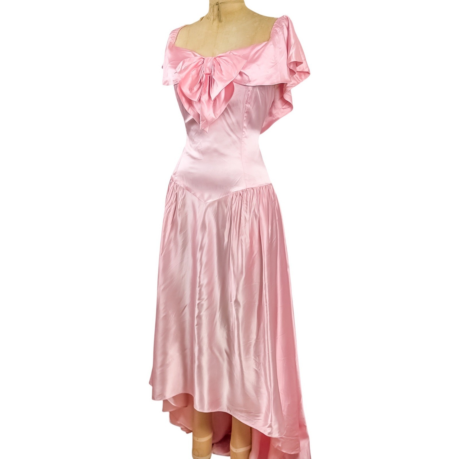 Vintage 80s Satin Pink Formal Ball Gown Princess Bow Hi Low Prom Party Dress