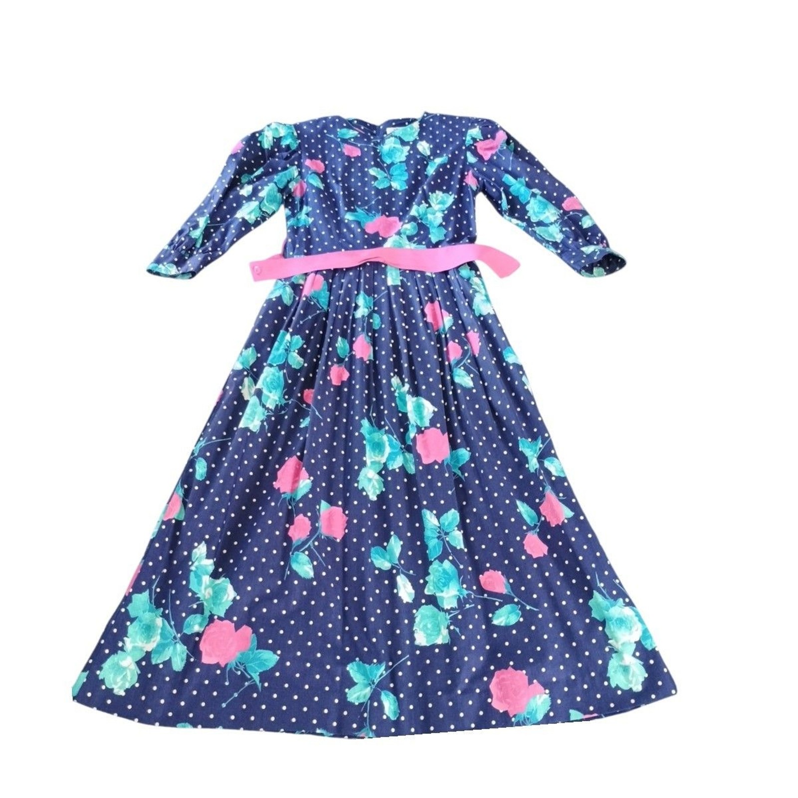 Vintage Lanz Originals 80s Dress Sz 8 Blue Floral Cottagecore Belted Pockets