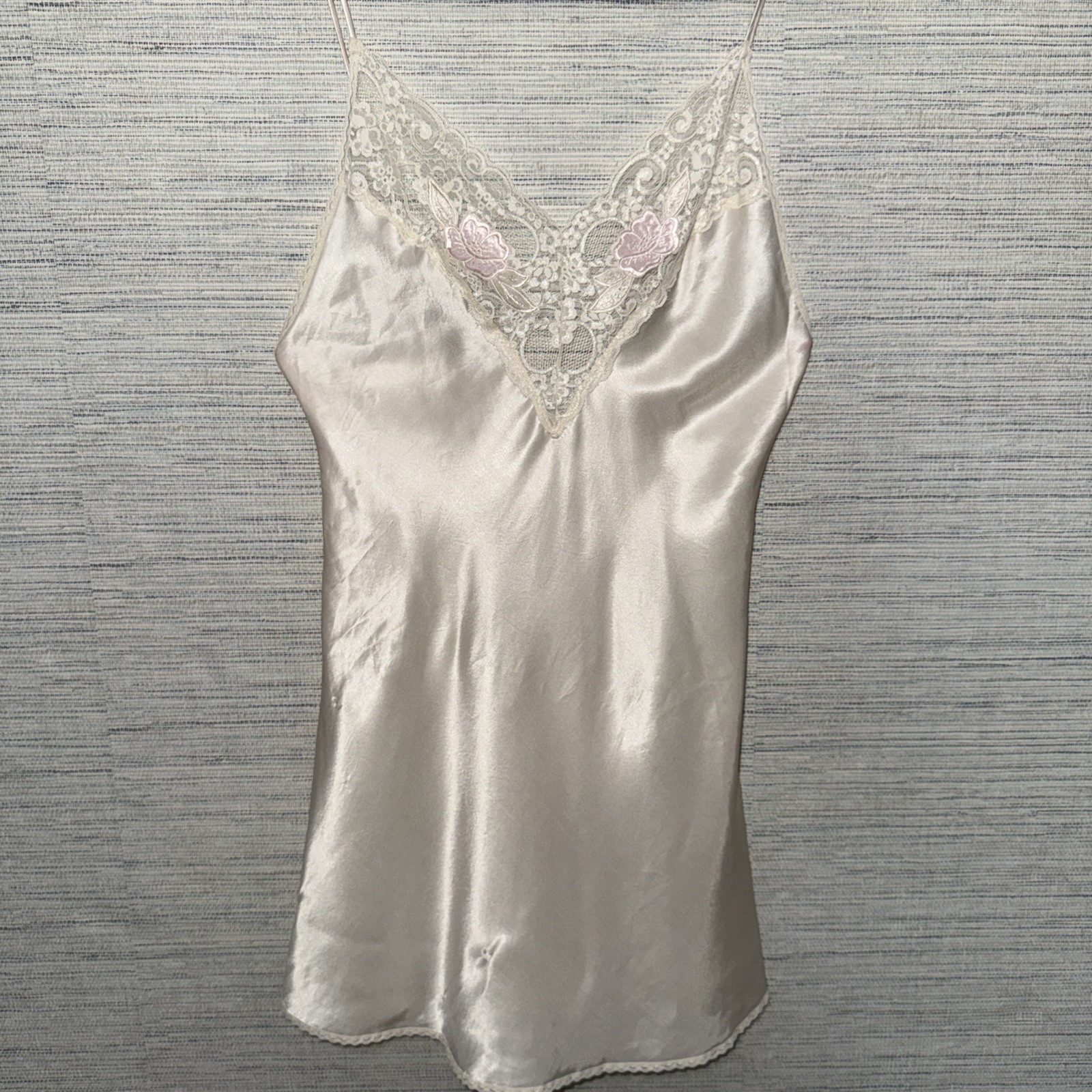 Vintage Val Mode IvorySatin Slip Dress Lingerie Lace Floral Applique Nightgown