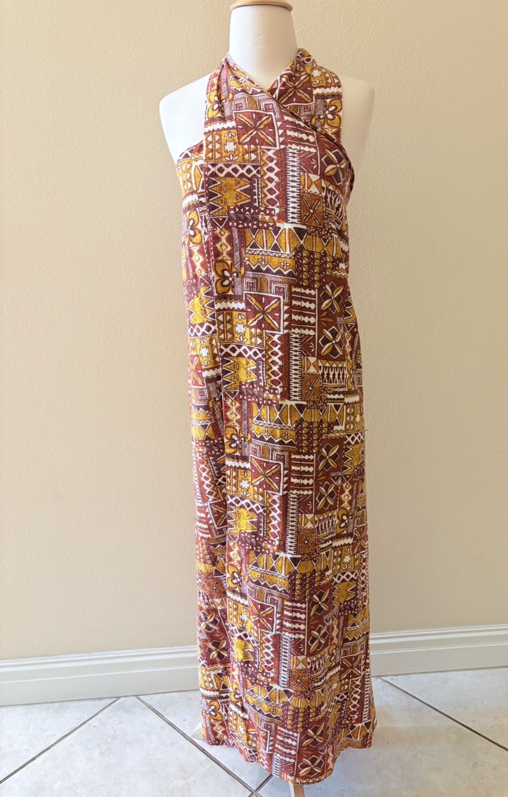 Vintage Bark Cloth Hawaiian Sarong Tapa print Tiki Dress Halter Tie Neck S