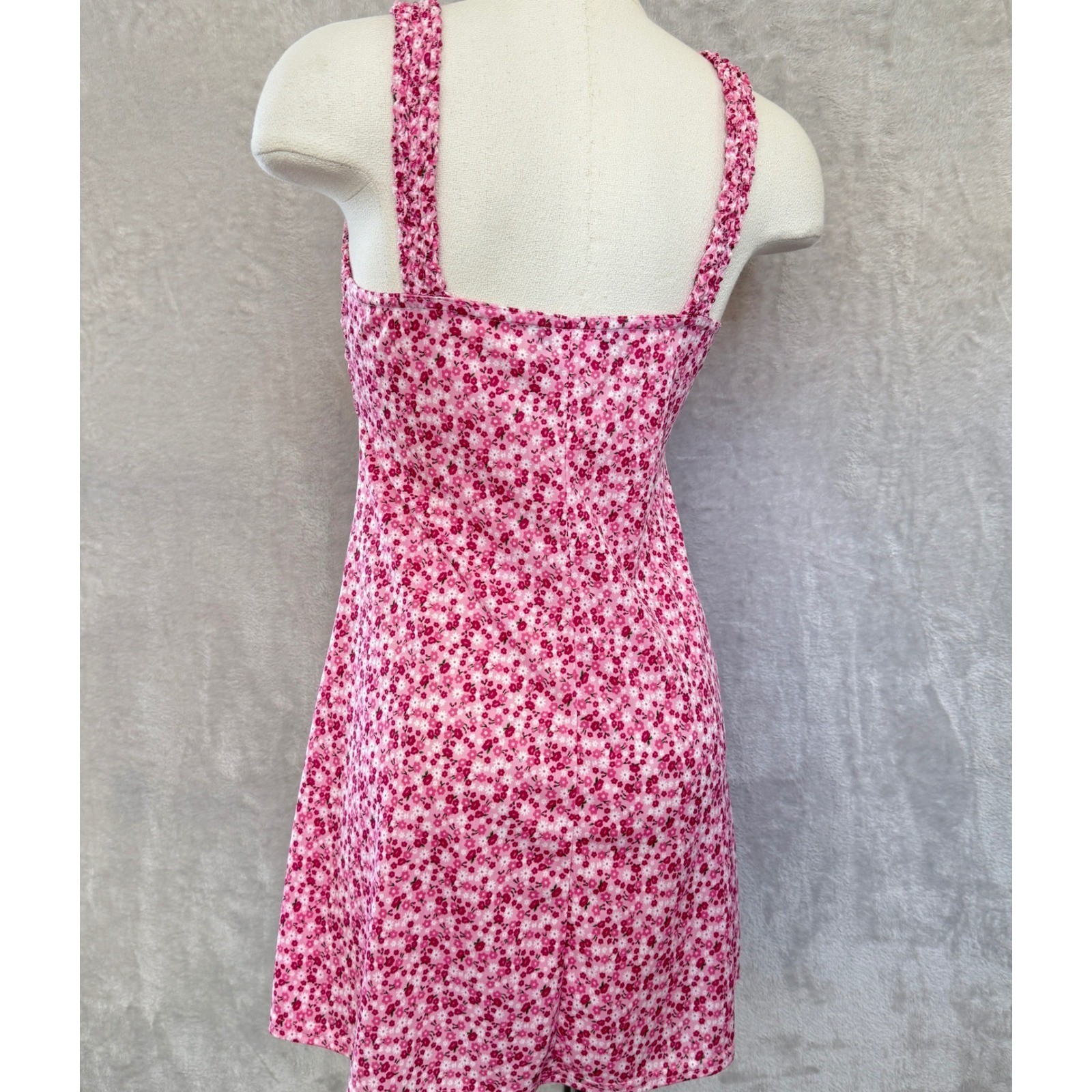 Vintage Y2K Pink Floral Popcorn Smocked Mini Dress Small Made in USA Fairy 2000s