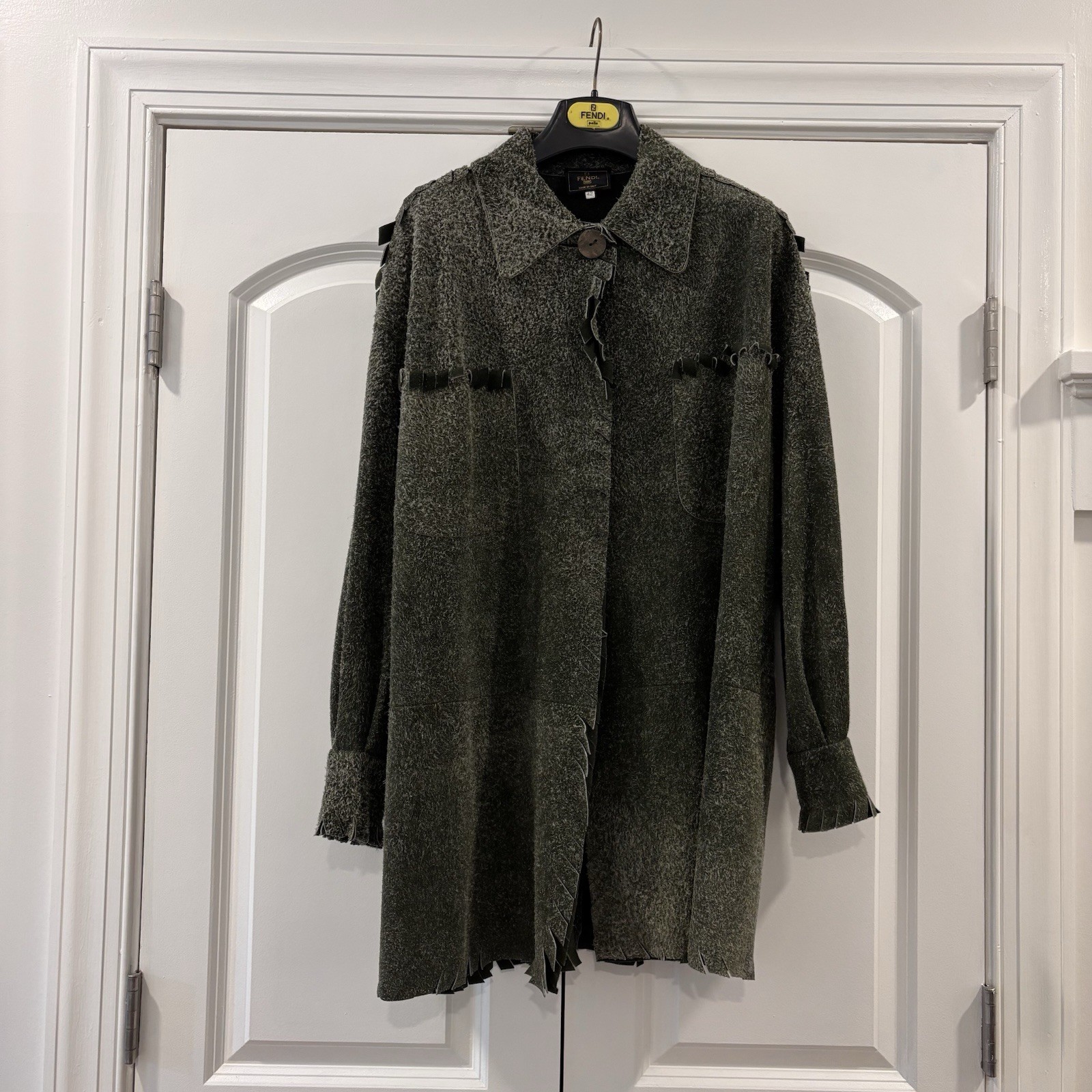 Vintage FENDI Suede Fringe Jacket, Top Button, Green, Size 42, Italy, STUNNING!