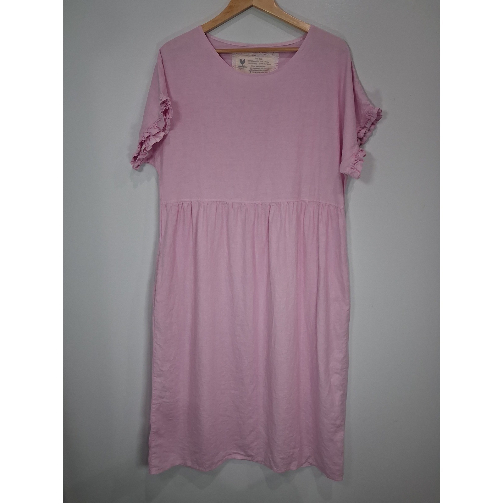 Farmhouse Frocks Pink Linen Ruffle Sleeve Midi Dress Womens Large Relaxed Fit