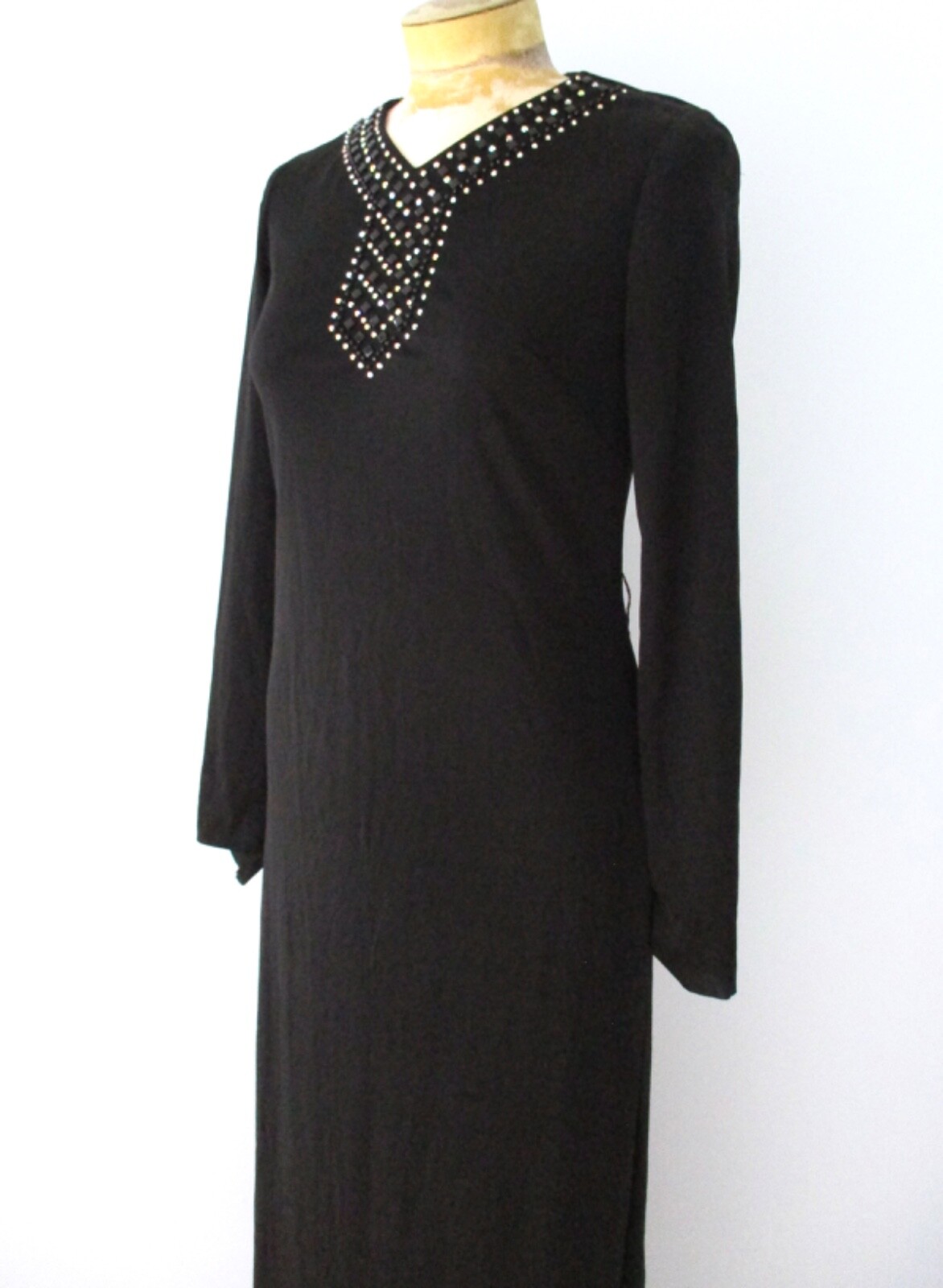 Vtg 70s Carillon black poly knit maxi column dress evening gown jewel neck S