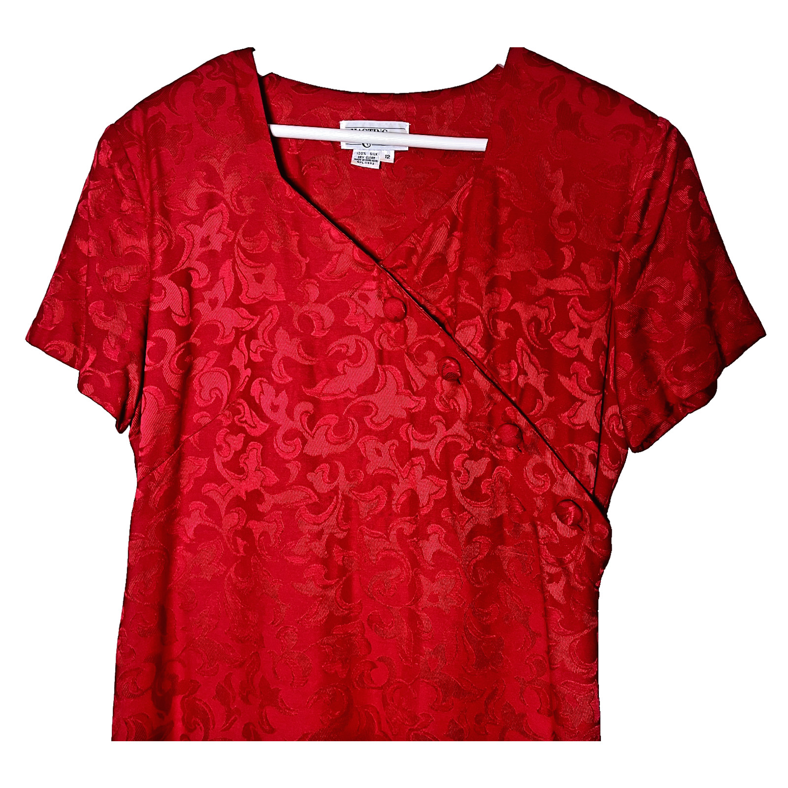 Hasting Smith Vtg Silk Dress 12 Red Jacquard Shoulder Pads 90’s Christmas Party