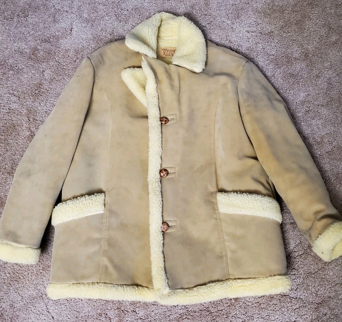 VTG Town N Ranch Tan Sherpa Lined Faux Suede Western Jacket Winter Coat Women XL