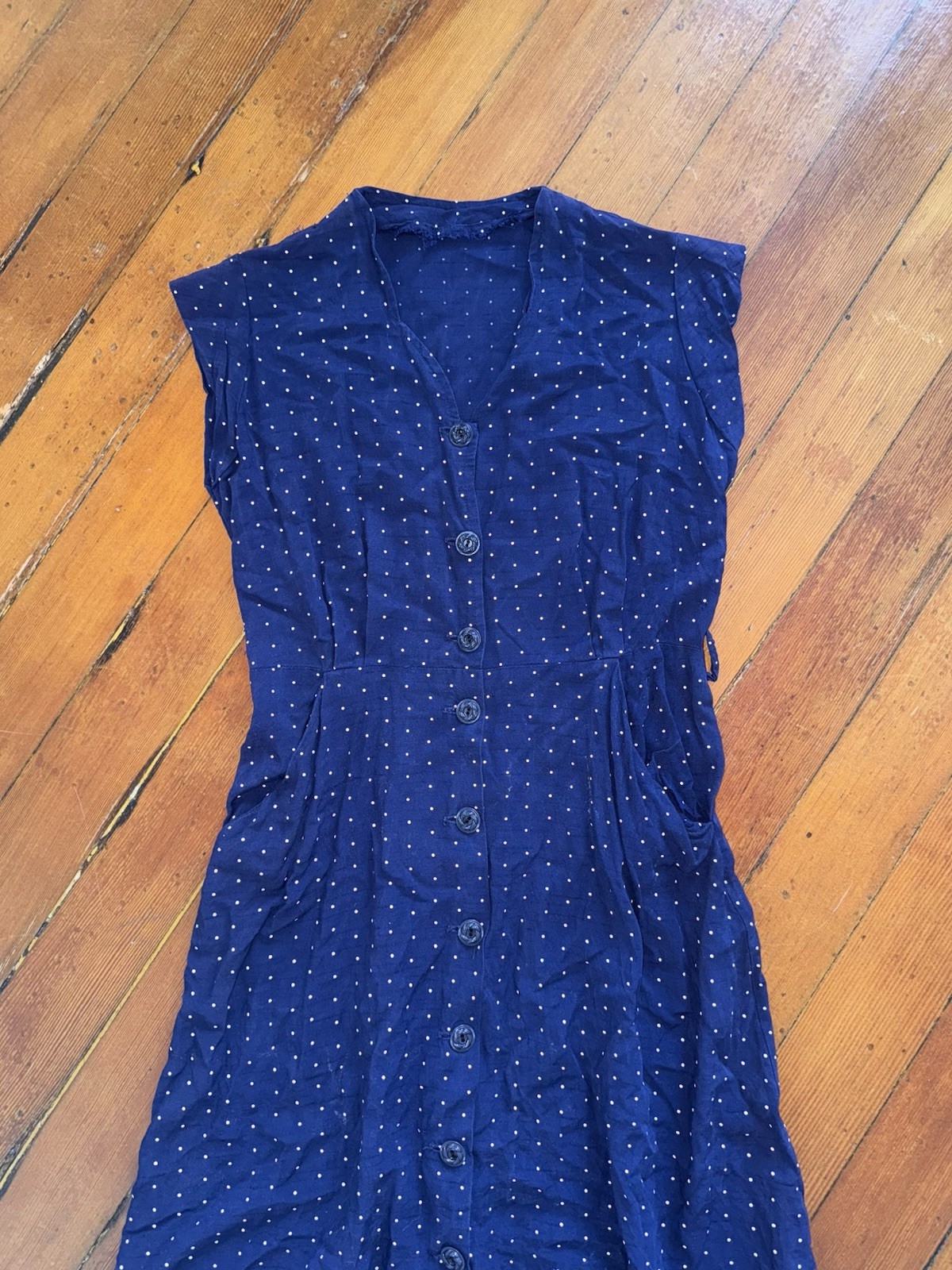 VINTAGE 40s FLOCKED POLKA DOT RAYON JERSEY BUTTON FRONT SLEEVELESS MIDI DRESS SM