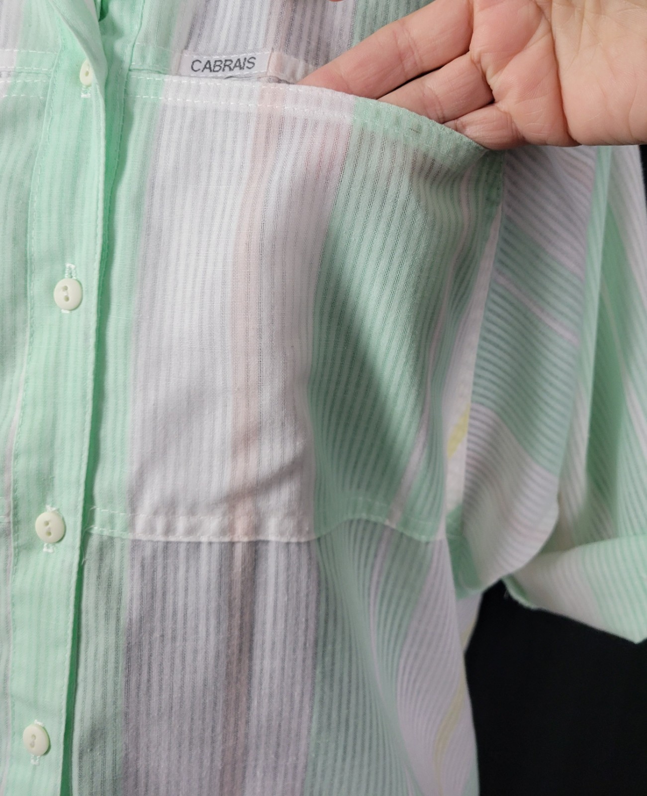 Vintage Cabrais Oversized Mint & White Striped Button Down Shirt Size Large