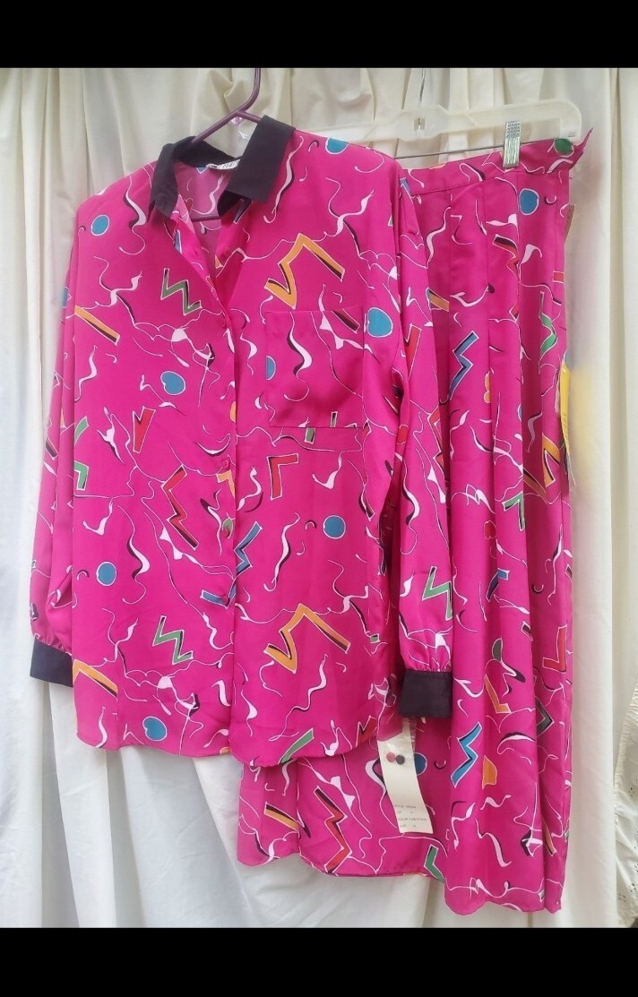 Vtg 80s Nwt SK & Co Matching Disco Set Pink Shirt Skirt 12 NOS Funky Retro Rare