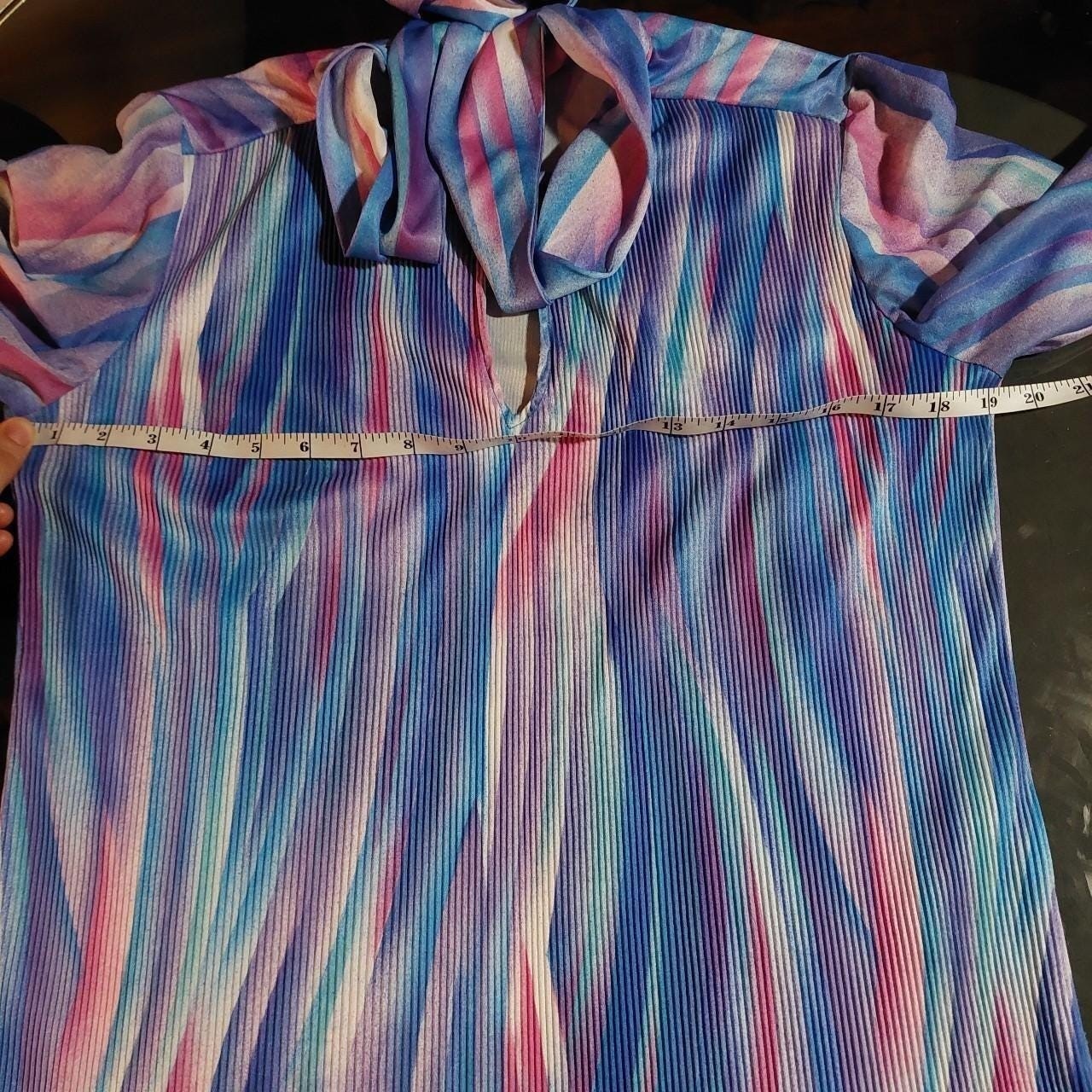 Vintage blue, pink, and purple tie collar long sleeve top.