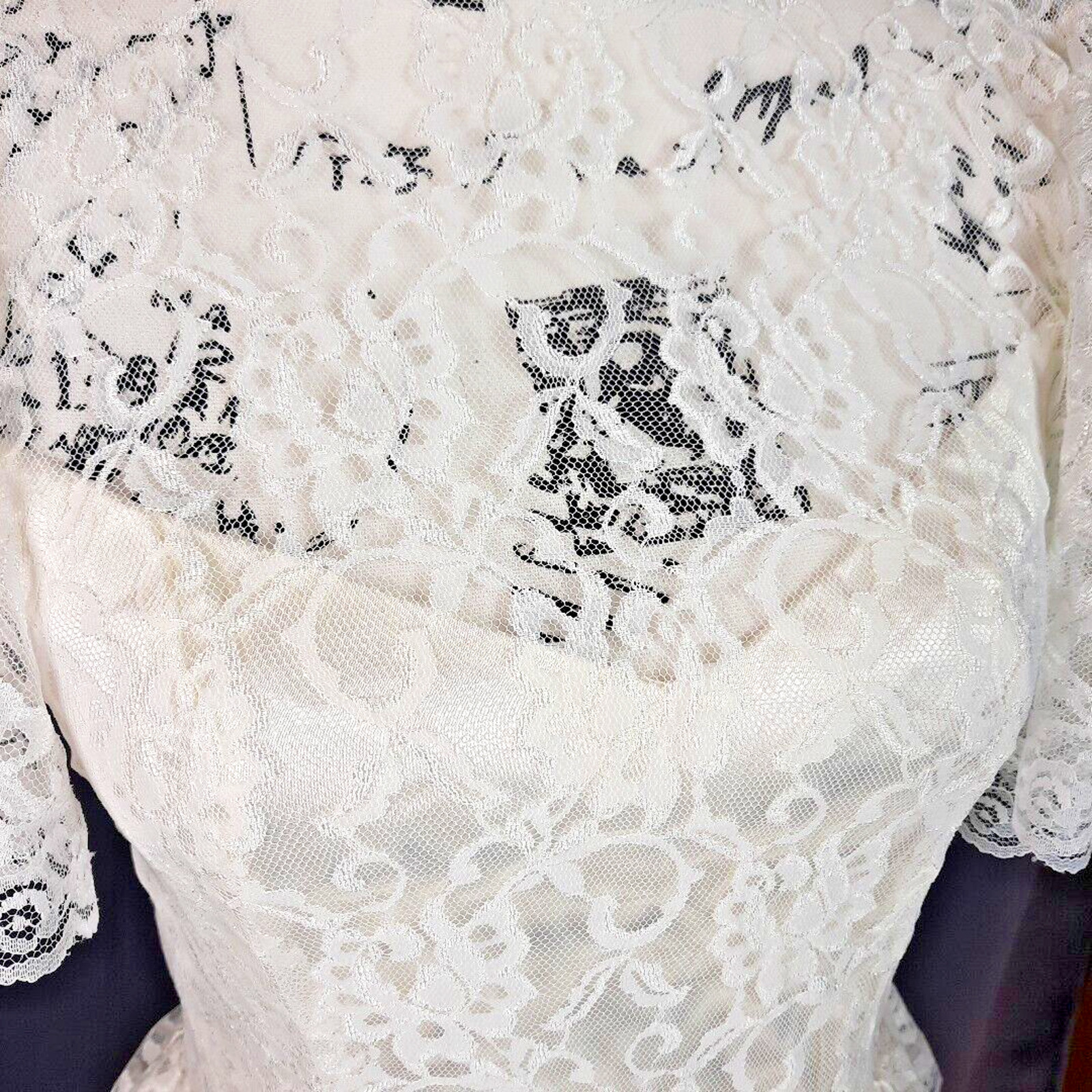 Vtg Diamonds Run Lace Puff Sleeve Peplum Satin Midi Dress Size 8 White Coquette