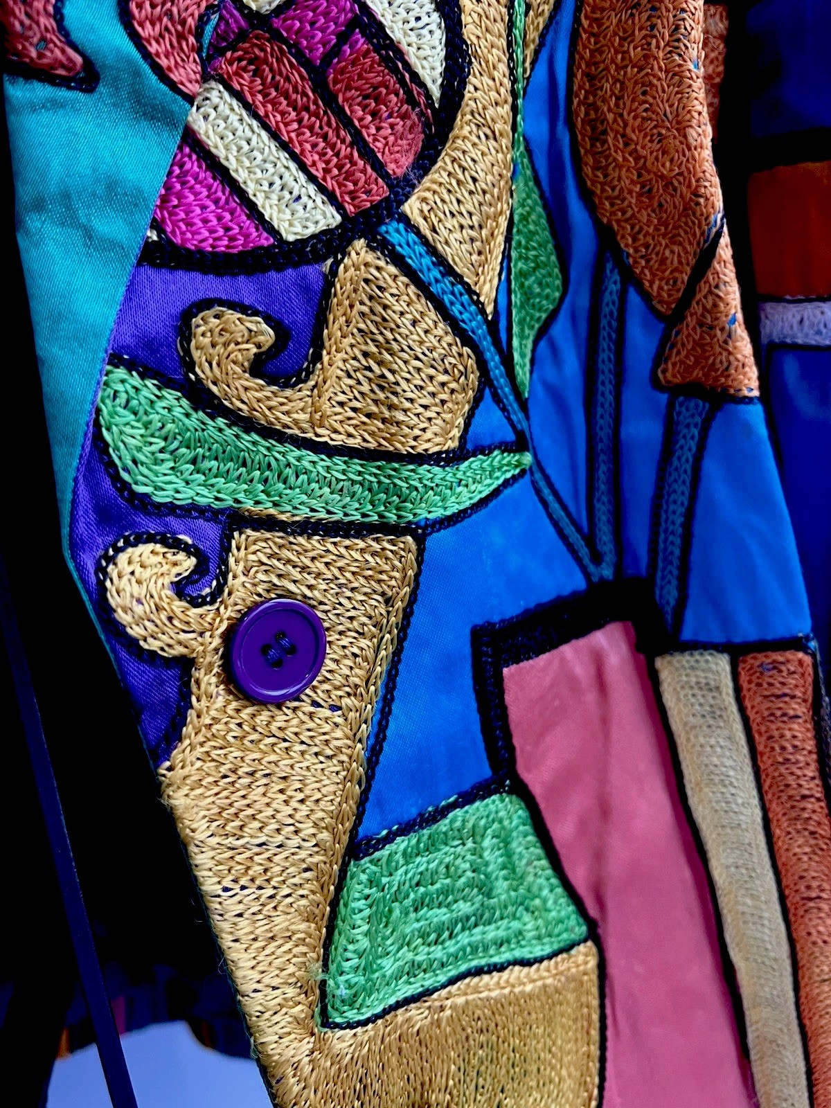 Vintage 80 Sandy Starkman Wearable Art Jacket Picasso Cubist Embroidered S Rayon
