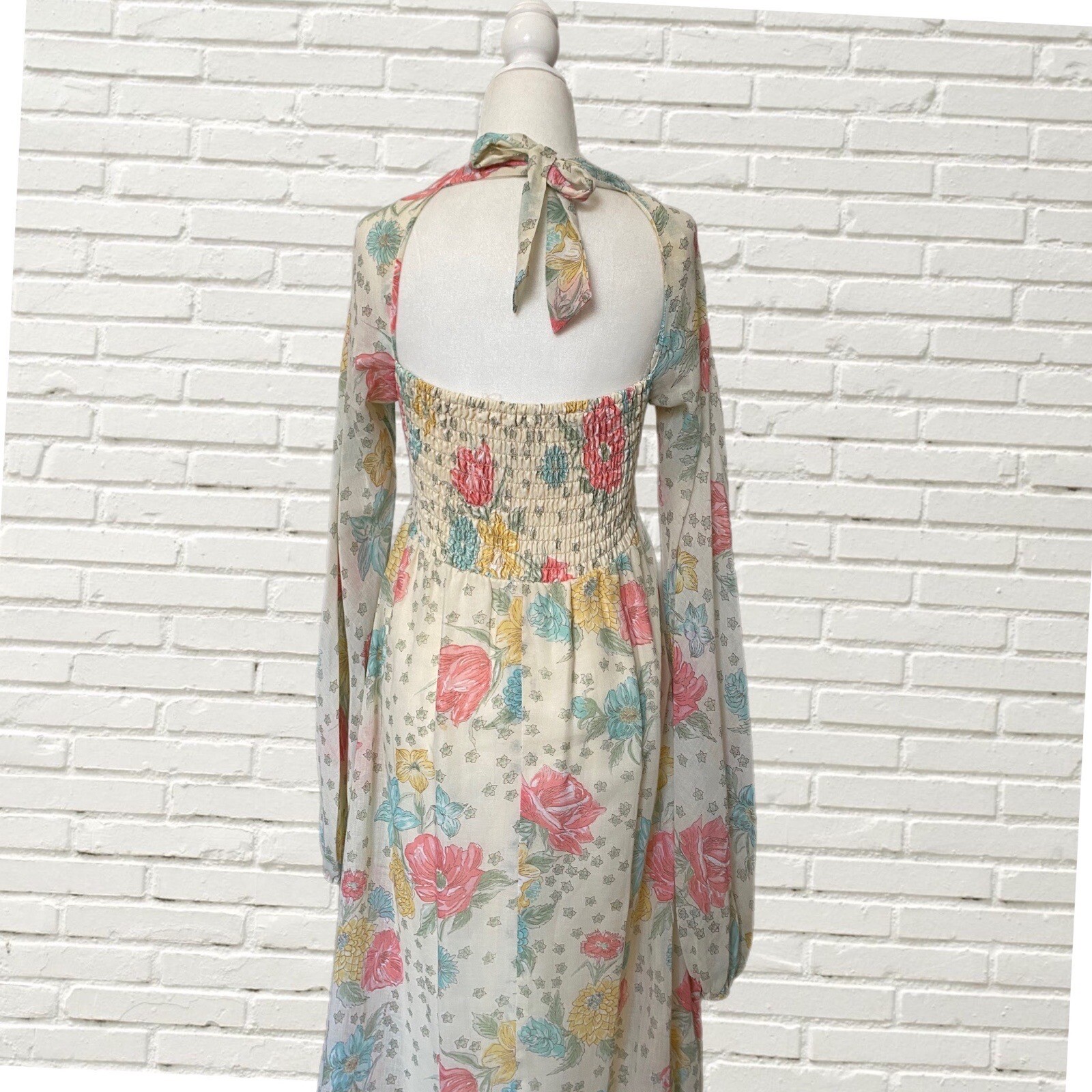 Vintage 70s Maxi Dress Floral Print Cotton Gauze Smocked Long Sleeve Xs/s
