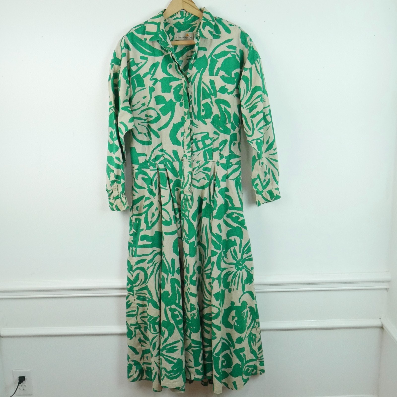 Vintage 80s Linen Blend Shirt Dress Modest Fit Flare 12 Resort Tropical Retro