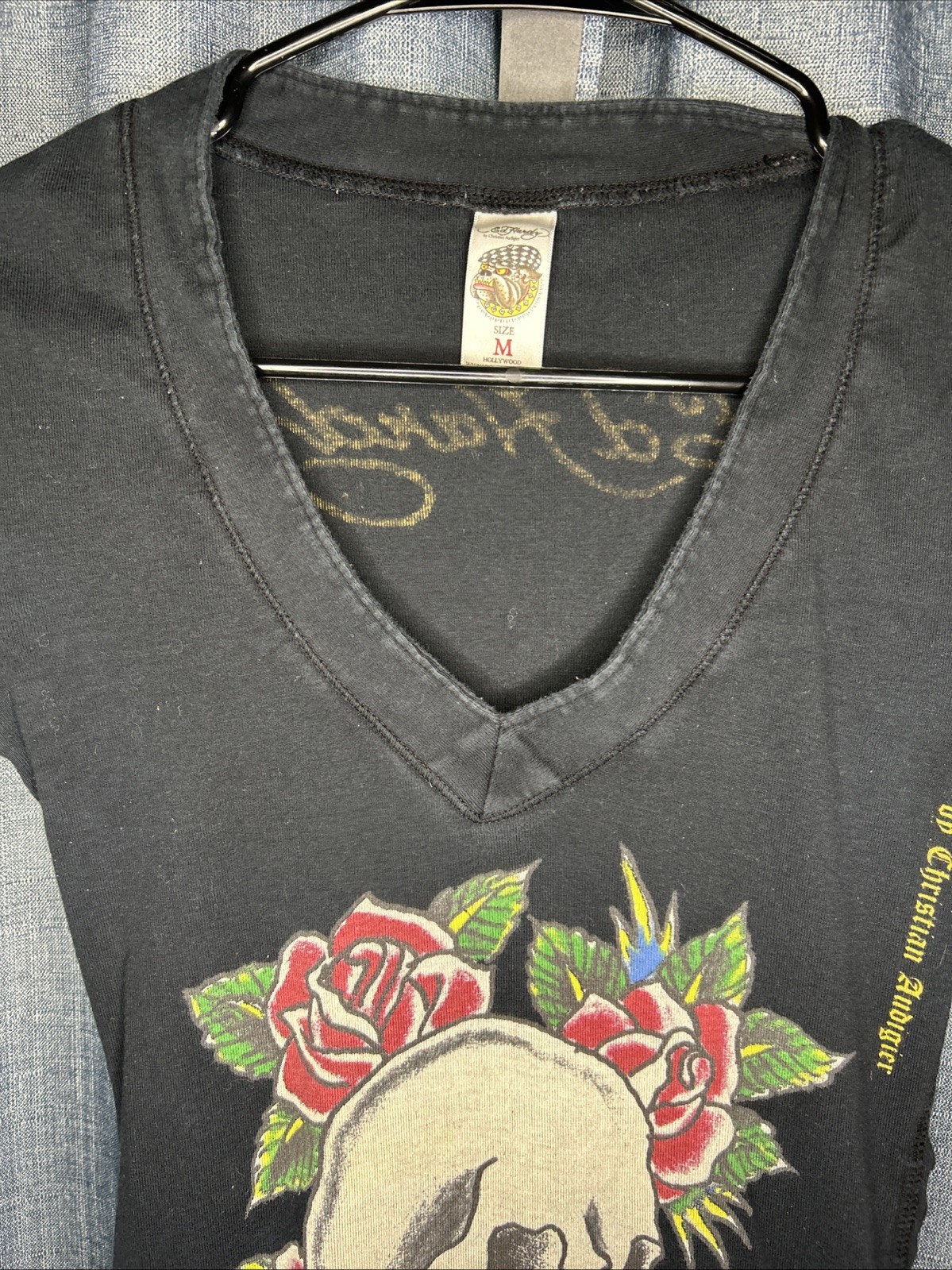 Vintage Ed Hardy By Christian Audigier Women’s Black Skull Roses Long T Shirt