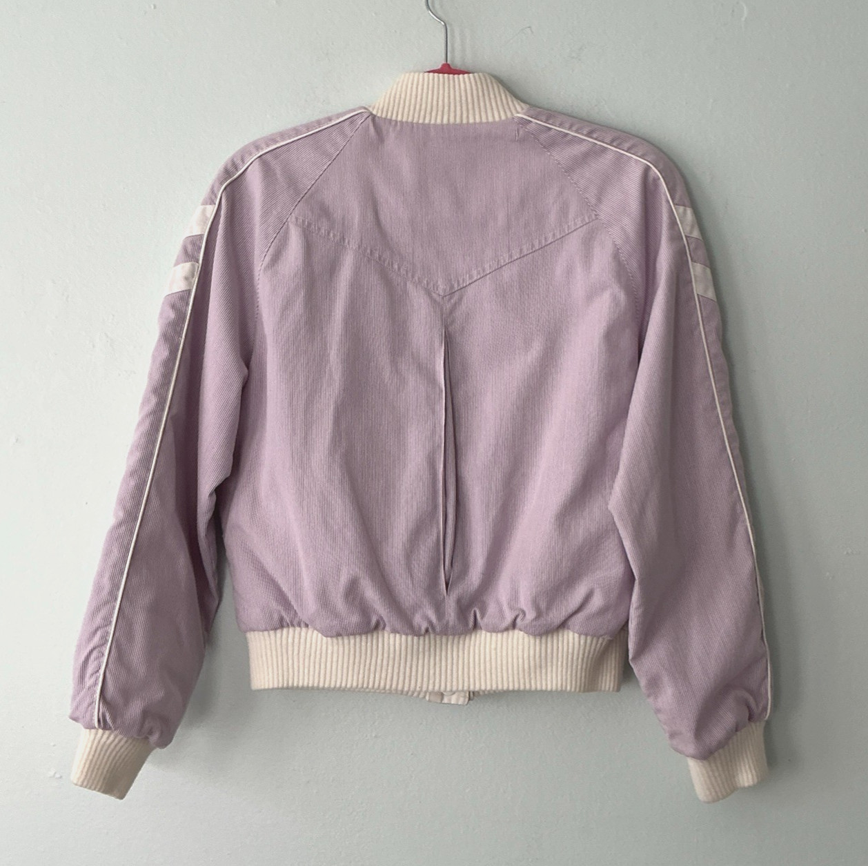 Vintage 80s–90s IZZI Reversible Bomber Jacket Lavender Pinstripe & White Varsity