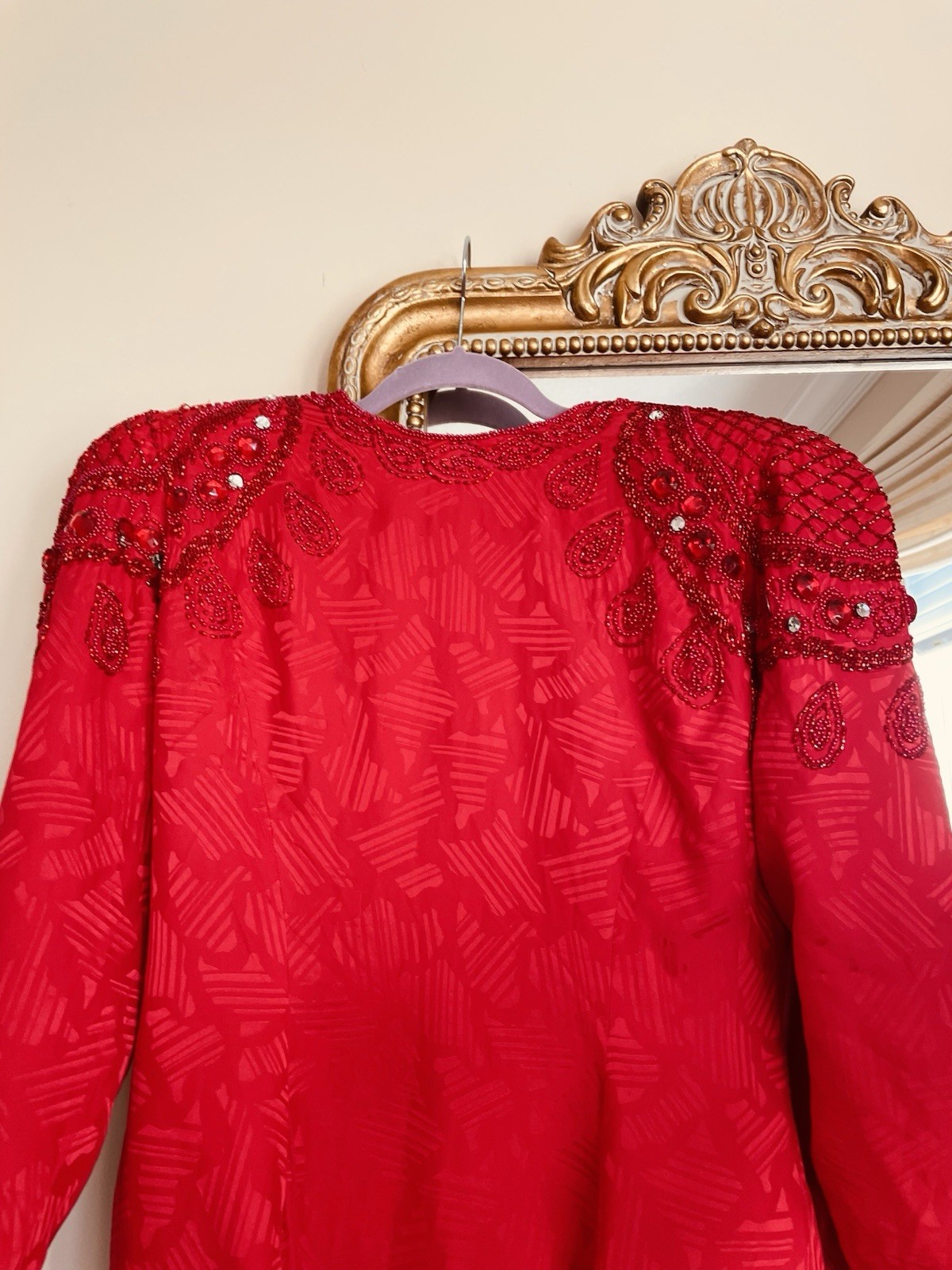 Vintage 80’s Silky Poly Hand Beaded Glam Stylish Red Dress 10