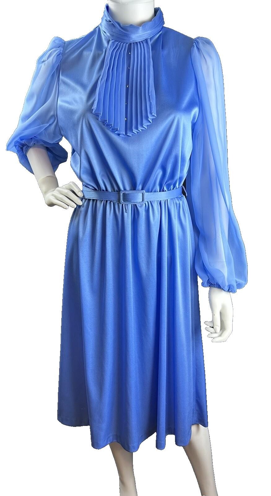 1970s Kevin Stuart Vintage Jabot Tie Neck blue Midi Dress Belted JS
