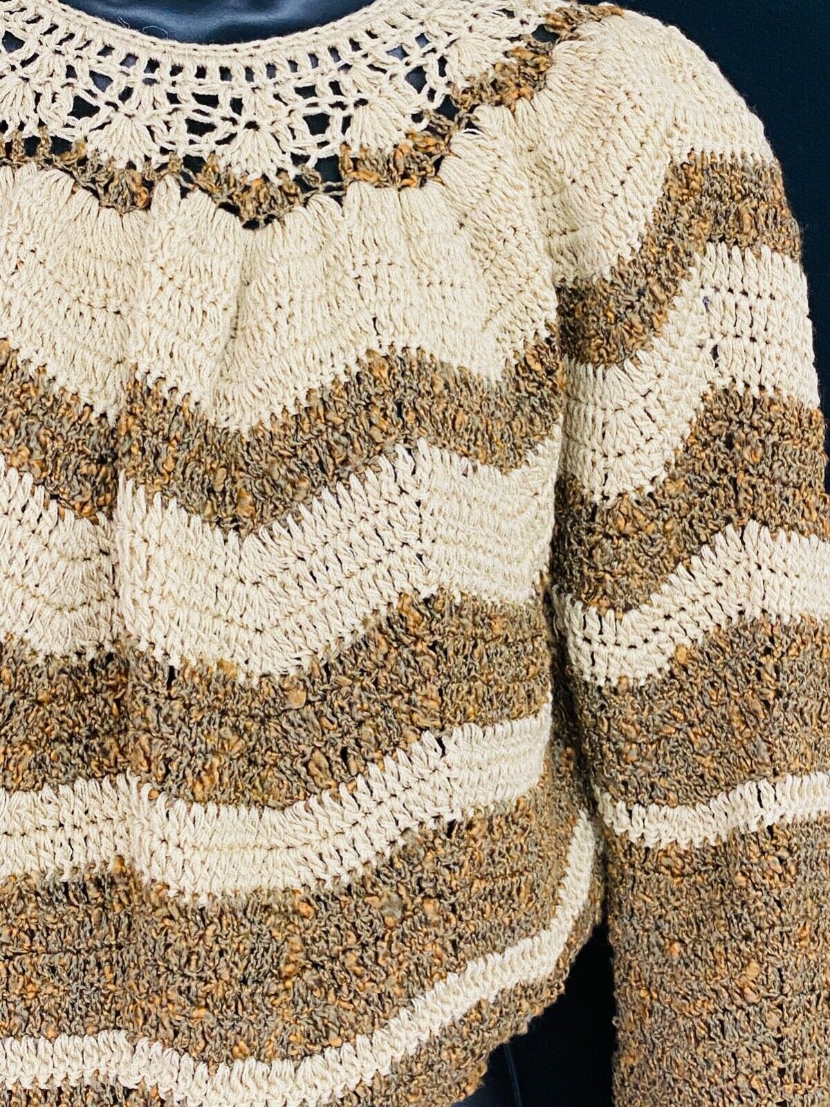 Vintage 1970s brown tan striped sweater, chevron crop Victorian oversized lace