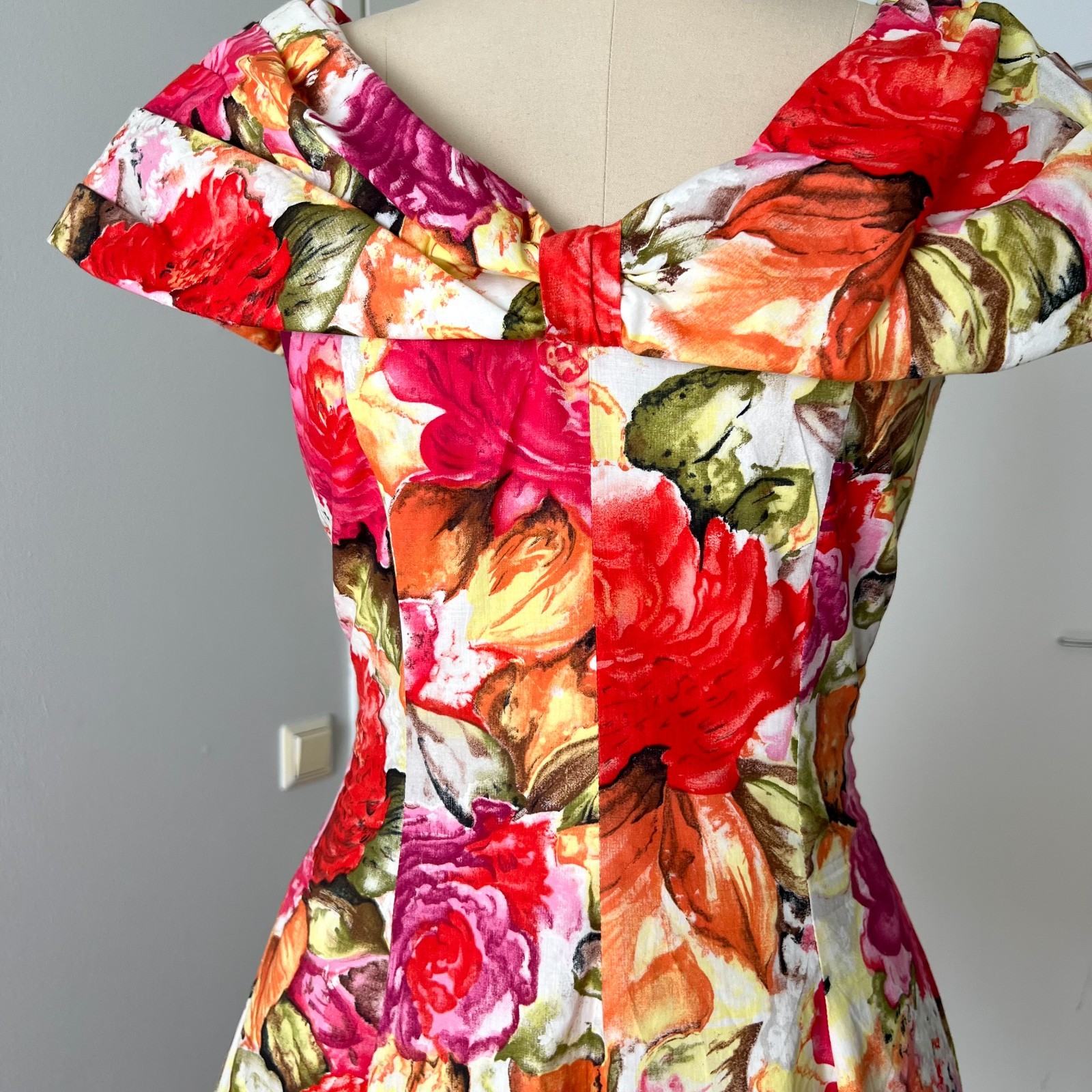 1980s Floral Rockabilly Cotton Dress Off Shoulder Fit & Flare Pin Up Party Retro