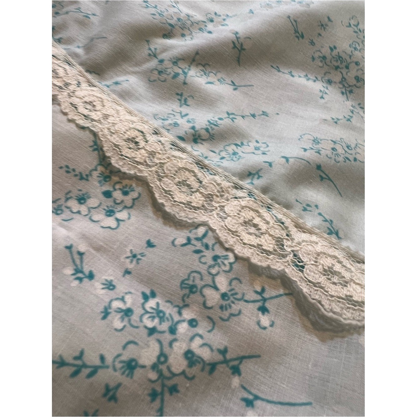 Vintage Prairie Blue Floral Lace Trim Tie-Back Midi Dress Cottage Feminine Sz 3
