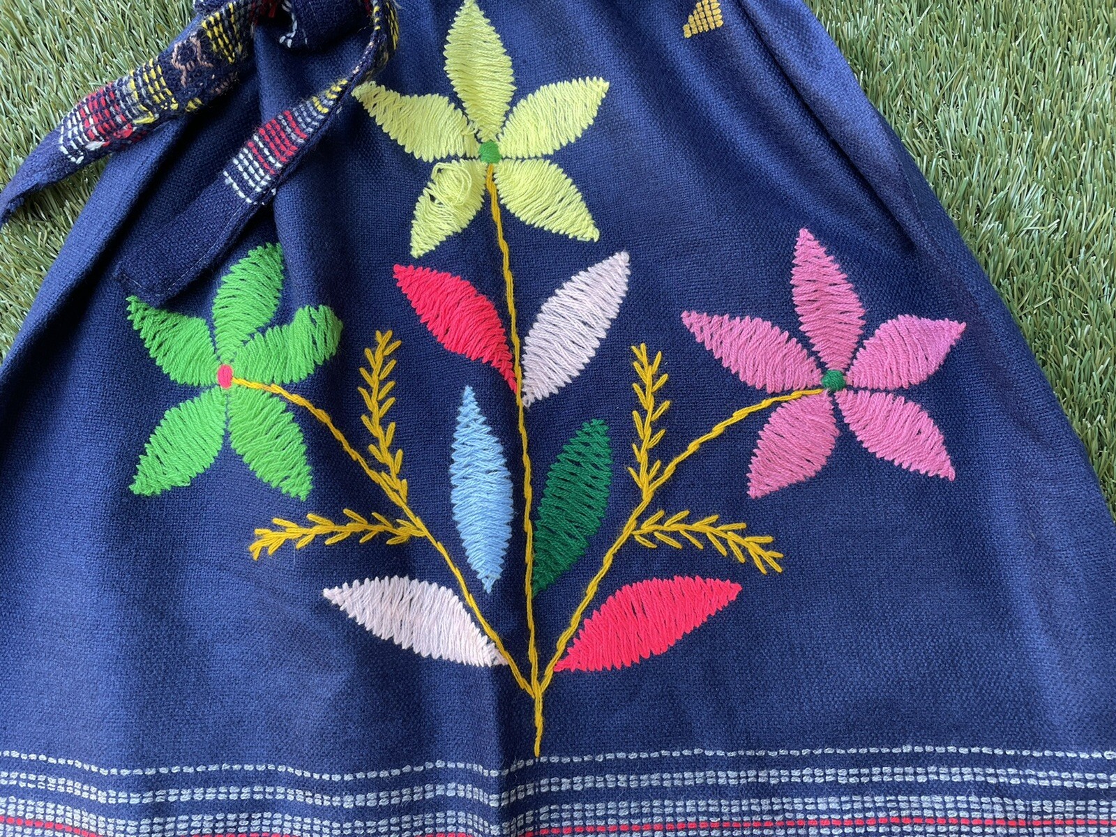 ✅Vtg 1980s Peru Ecuador Bolivia South America M/L Blue Colorful Hand Woven Dress